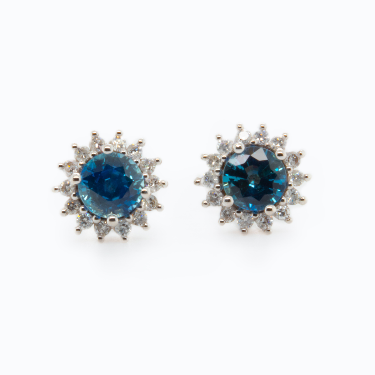 Natural Blue Sapphires and Diamond Halo Earrings, 14k White Gold