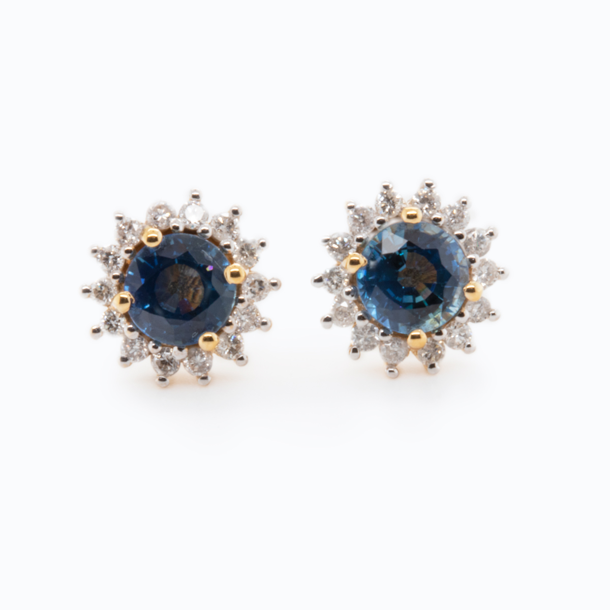 Natural Blue Sapphires and Diamond Halo Earrings, 14k Yellow