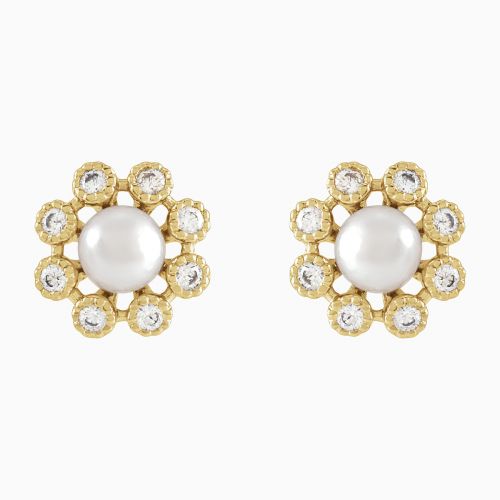Vintage-inspired Pearl and Natural Diamond  Earrings, 14k Yellow Gold