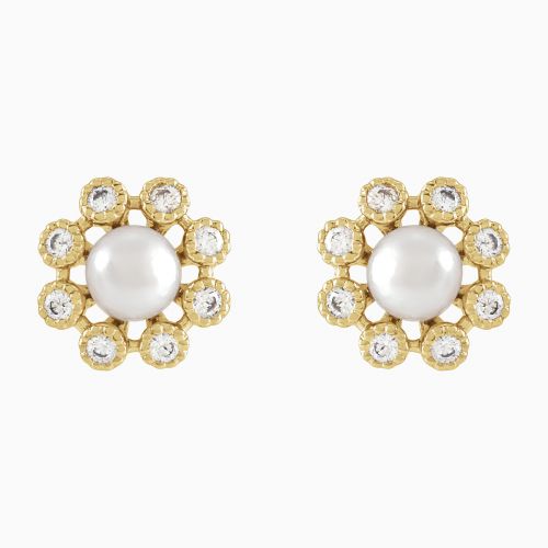 Vintage-inspired Pearl and Natural Diamond  Earrings, 14k Yellow Gold