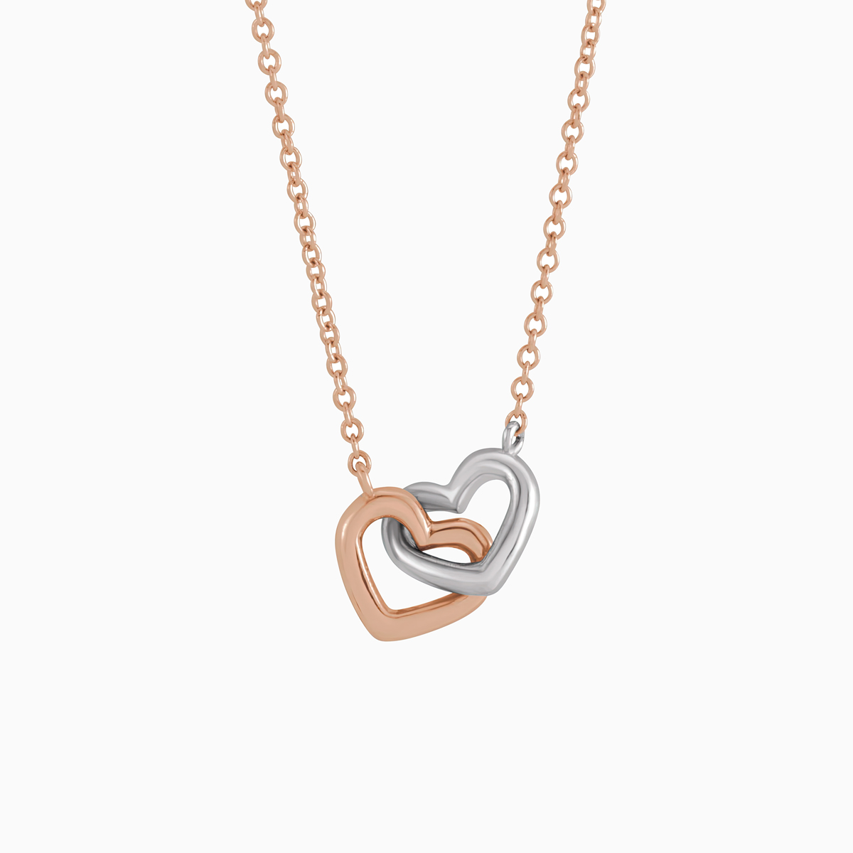 Two Tone Interlocking Heart Necklace, 14k Rose, and White Gold