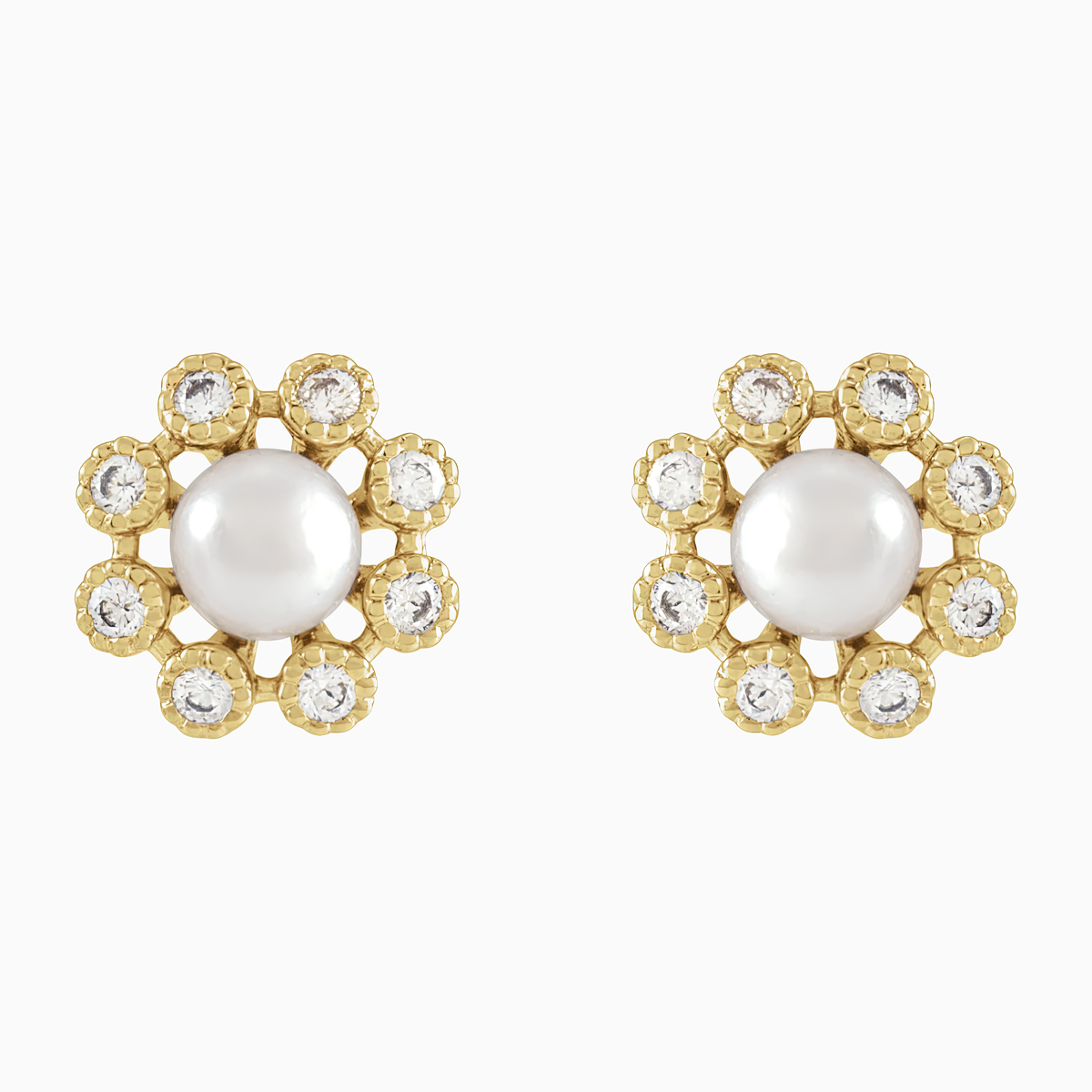 Vintage-inspired Pearl and Natural Diamond  Earrings, 14k Yellow Gold