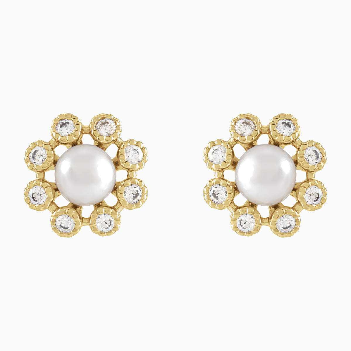 Vintage-inspired Pearl and Natural Diamond  Earrings, 14k Yellow Gold