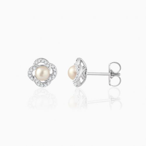 Natural Diamond Halo and Pearl Earrings, 14k White Gold