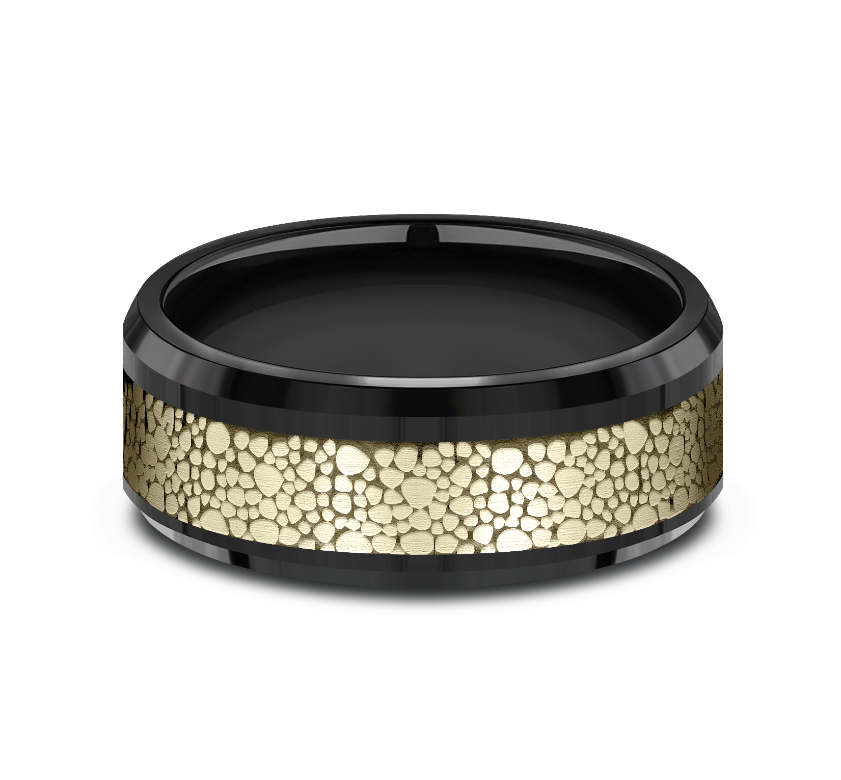 14k Yellow Gold Center & Titanium Pebble  Pattern Men's Band, 7.5 mm