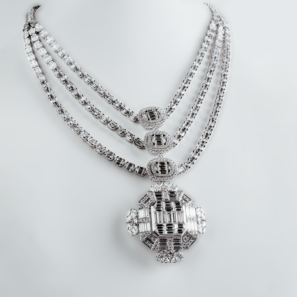 Trinity Layered Baguette Diamond Tennis Necklace, 38 carats