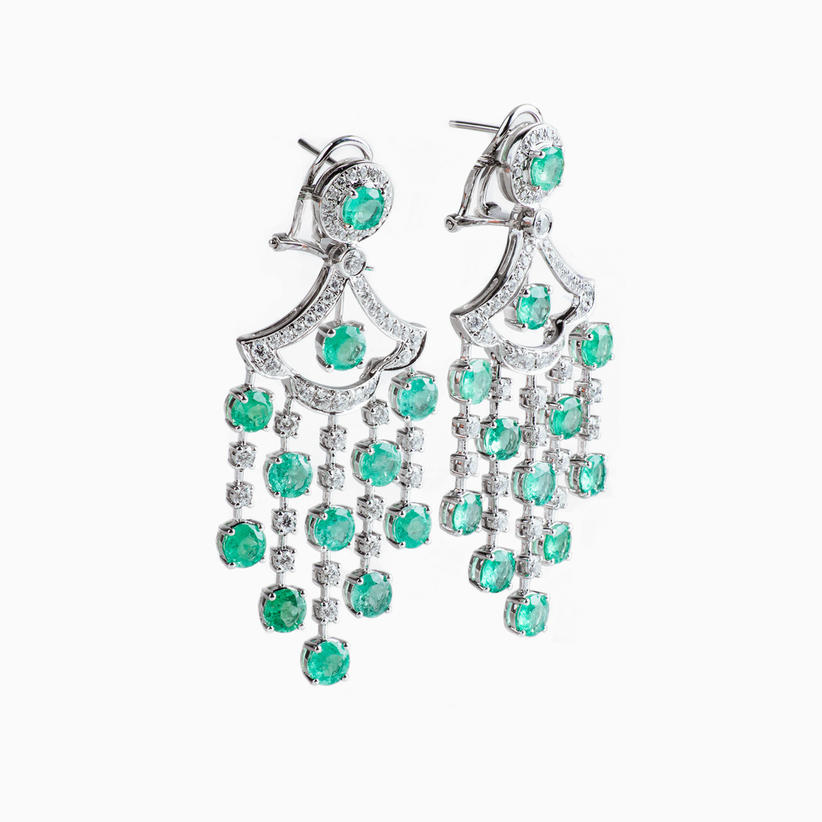 Cocktail Round Emerald and Diamond Chandelier Earrings, 18k White Gold