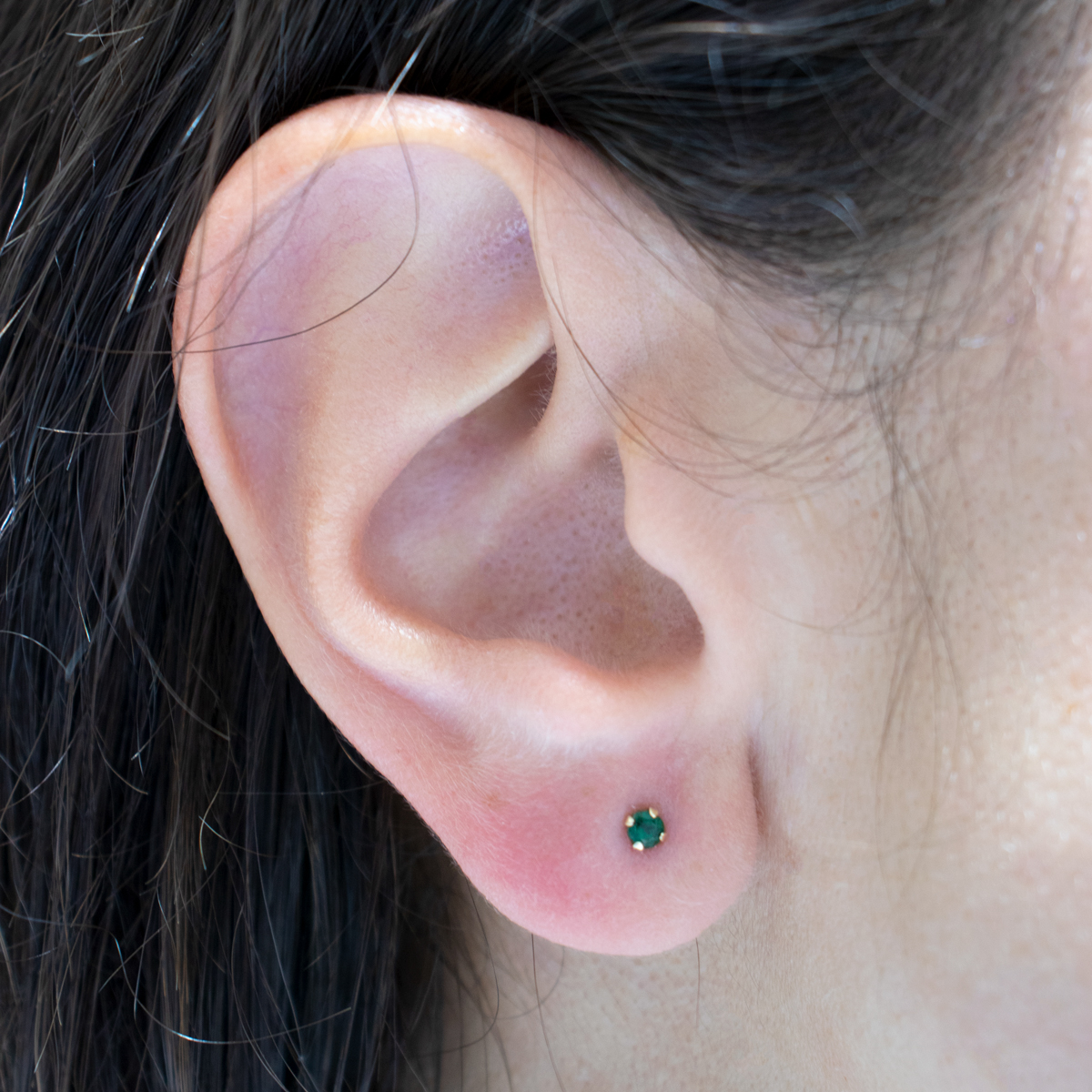 May Birthstone Stud Earrings, Natural Emerald, 14k Yellow Gold