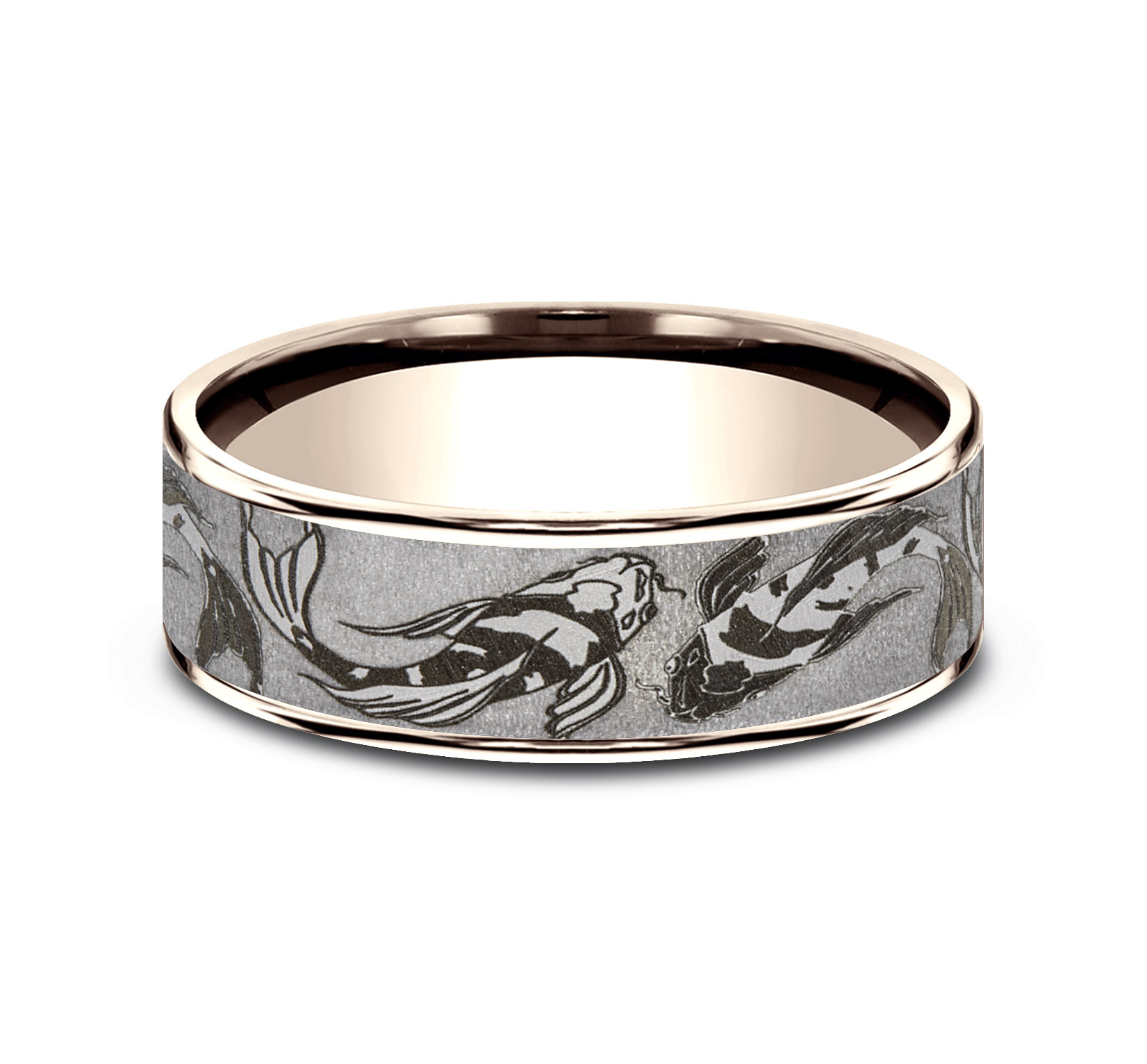 14k Rose Gold Men's Band with Koi Fish Design Tantalum Center, 7.5mm