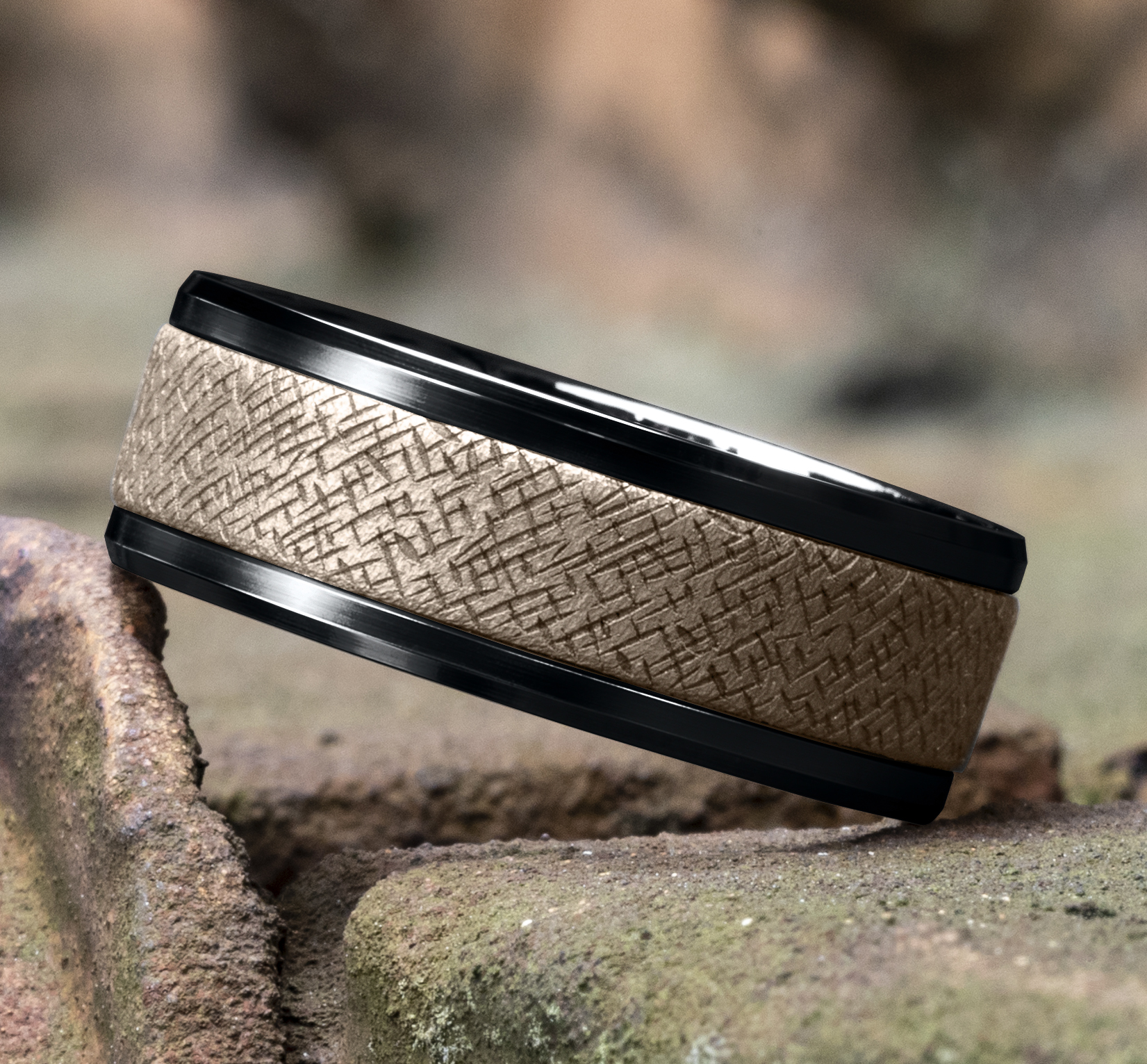 Crosshatch Patterned 14k Rose Gold Center Titanium Man's Band, 8mm