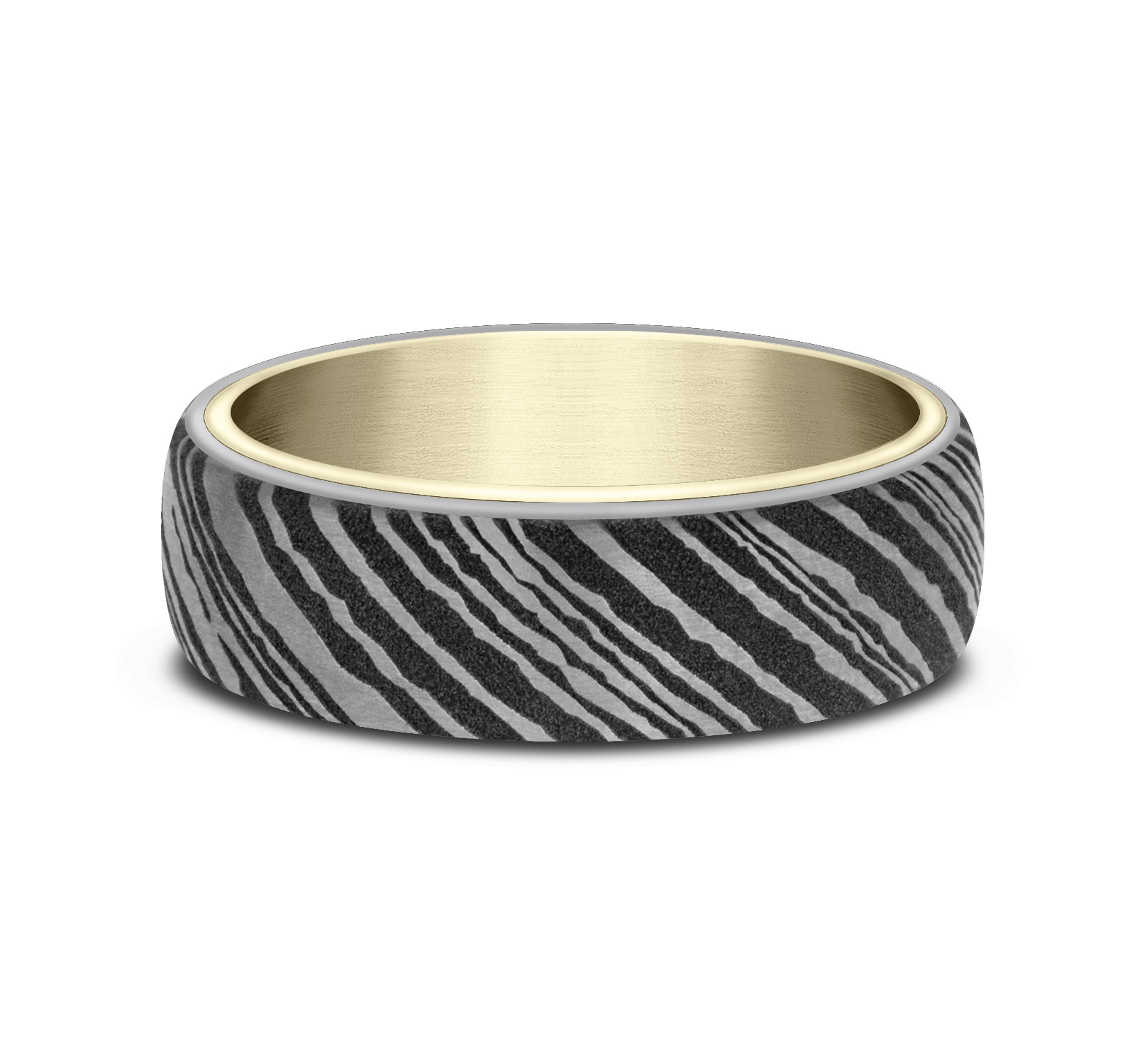 Damascus Streel Surface Design 14k Yellow Gold Men's Band, 6.5mm