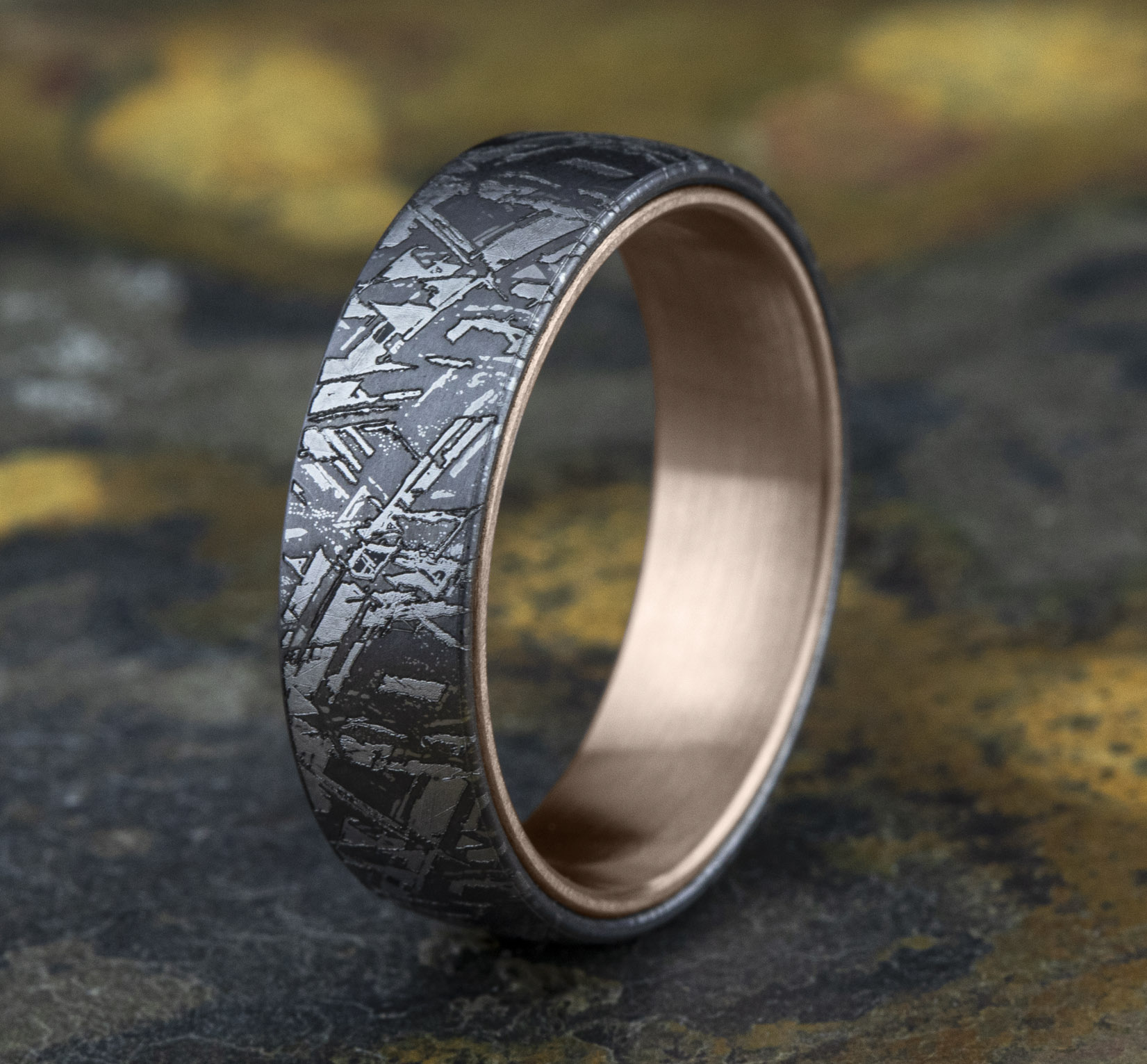 Grey Tantalum & 14k Rose Gold Faux Meteorite Men's Band, 6.5mm 