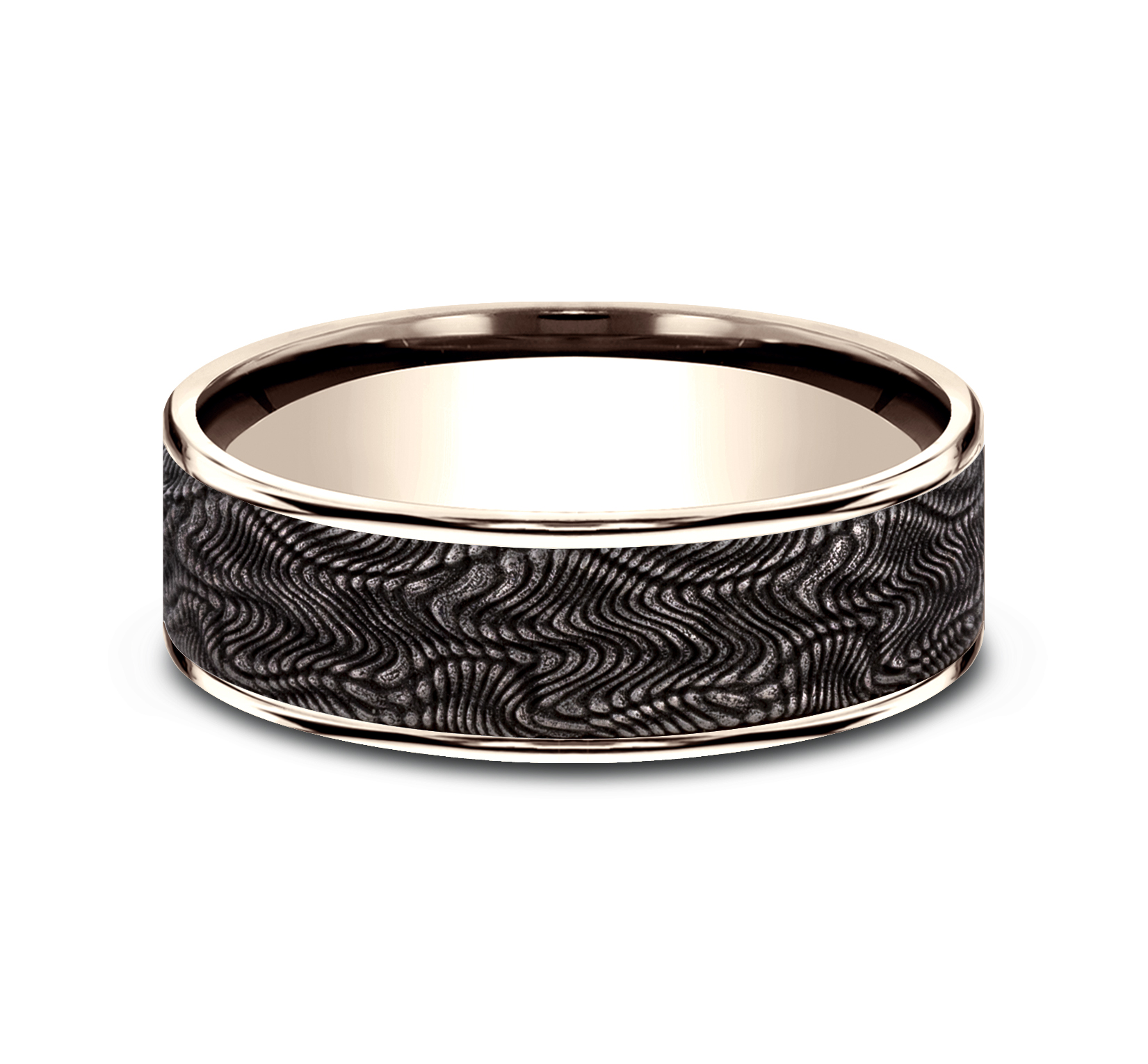 Grey Tantalum Snakeskin Pattern Center & 14k Rose Gold Men's Ring, 7.5mm