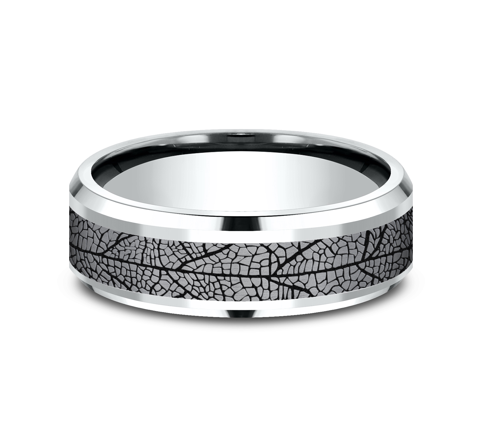 Leaf Patterned Tantalum Center, 14k White Gold Men's Band, 7mm