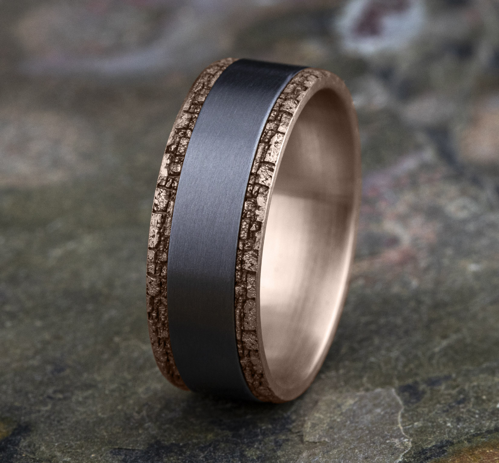 Satin Finished Tantalum Center, 14k Rose Gold Men's Band, 8mm