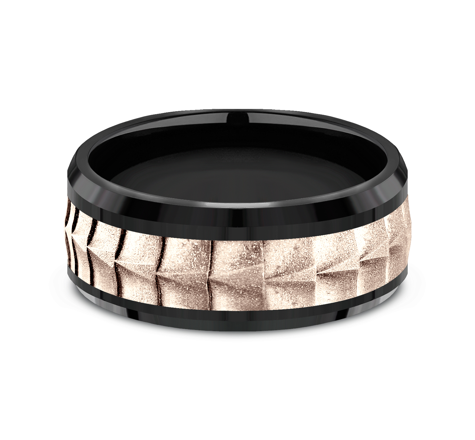 Titanium Men's Band with Crocodile Skin Patterned 14k Rose Gold Center, 9mm