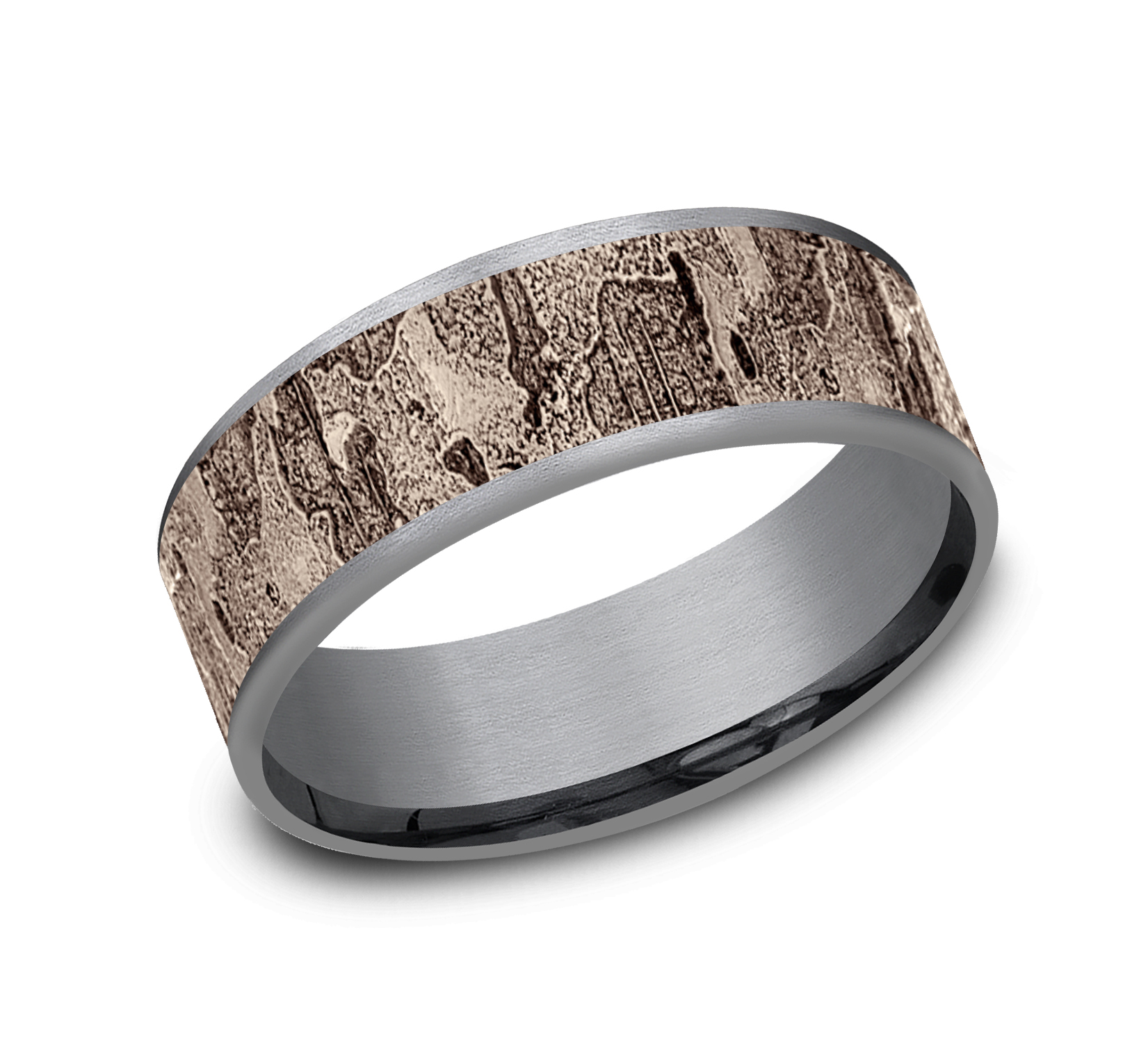 14k Rose Gold Fractured Wall Pattern Center Grey Tantalum Ring, 7.5mm