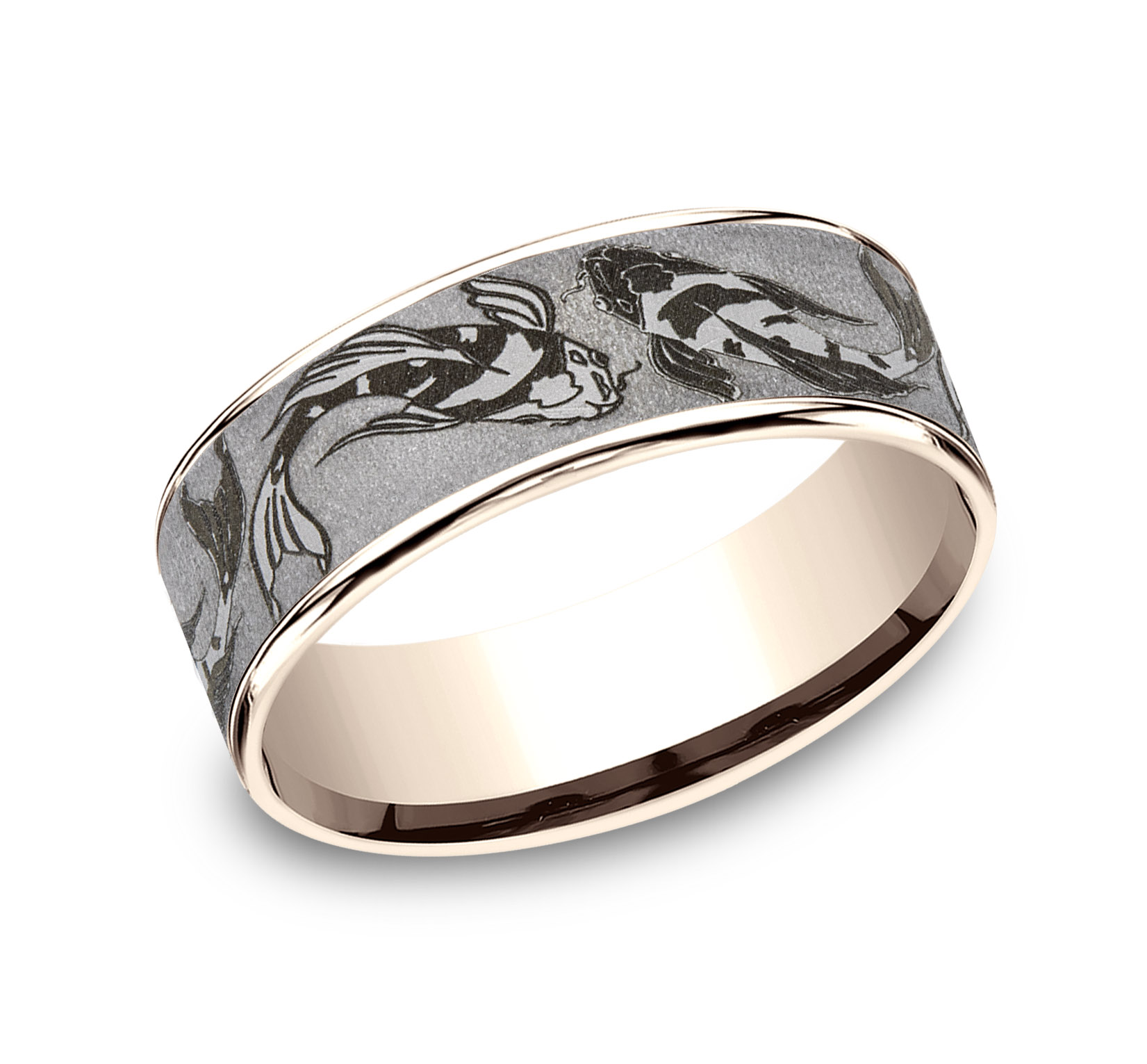 14k Rose Gold Men's Band with Koi Fish Design Tantalum Center, 7.5mm