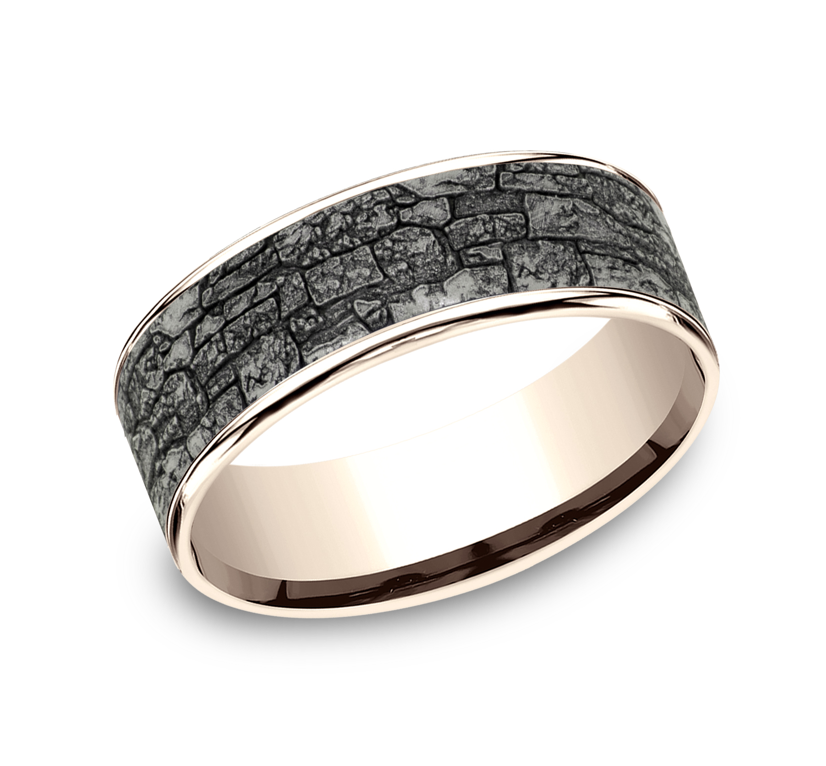 14k Rose Gold Men's Band with Stonewall Patterned Tantalum Center, 7.5mm