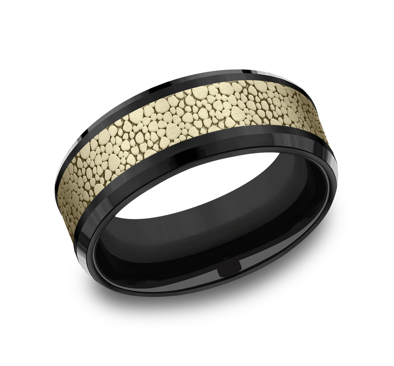 14k Yellow Gold Center & Titanium Pebble  Pattern Men's Band, 7.5 mm