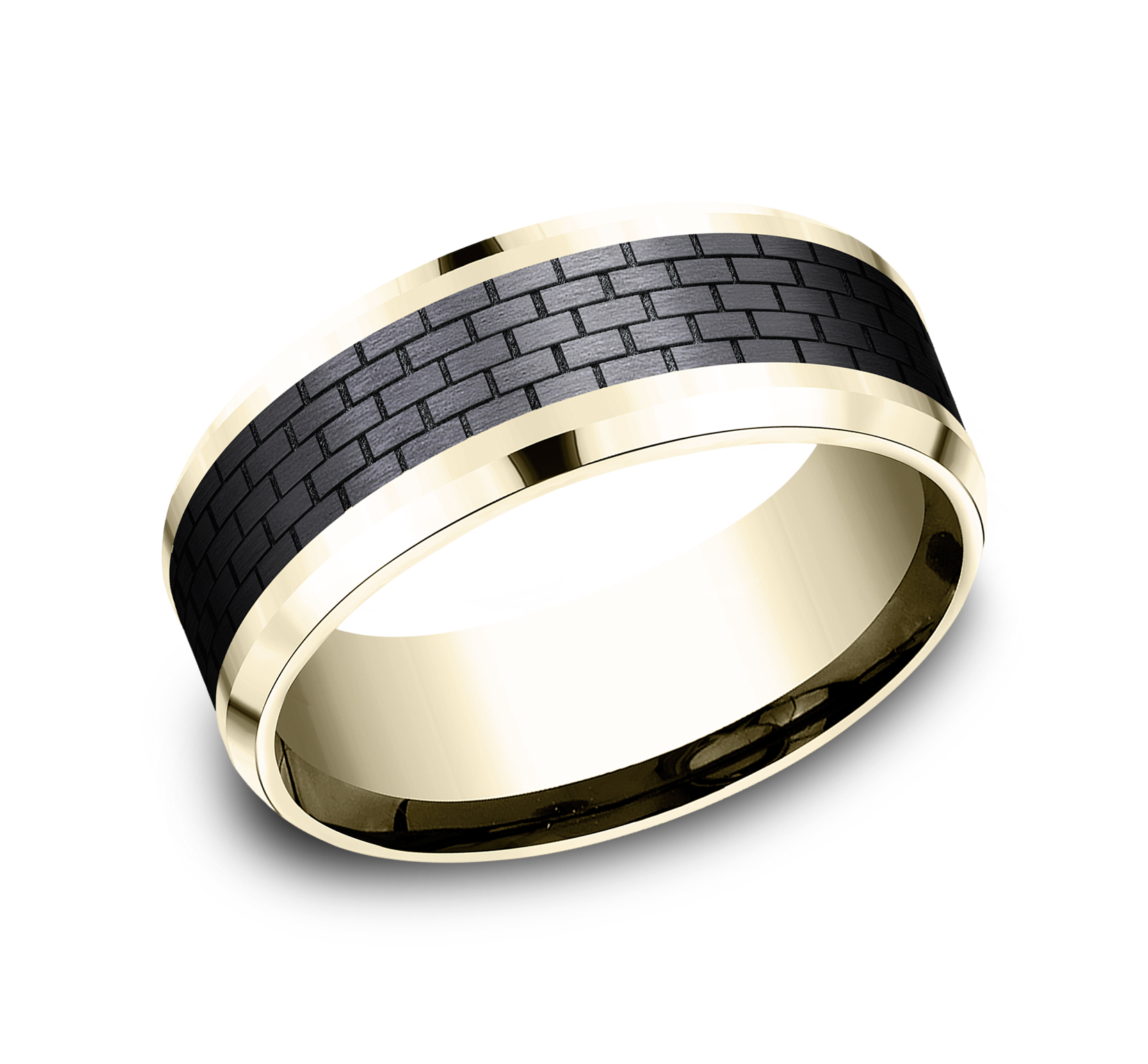 14k Yellow Gold Men's Band with Brick Wall Patterned Black Titanium Center, 8mm