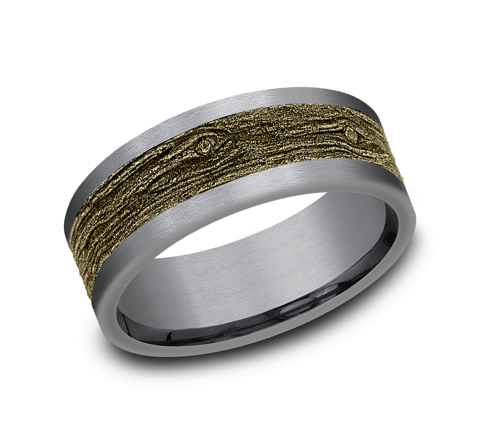 14k Yellow Gold Wood Pattern Center & Grey Tantalum Men's Ring, 8mm