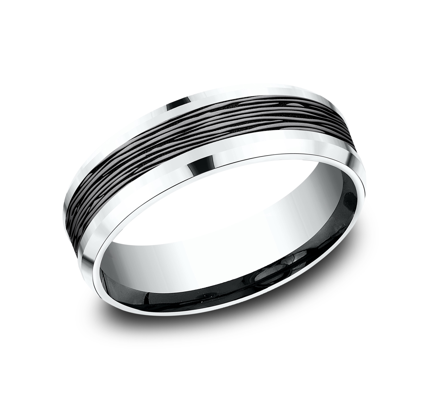 Bark Patterned Tantalum Center 14k White Gold Men's Band, 7mm