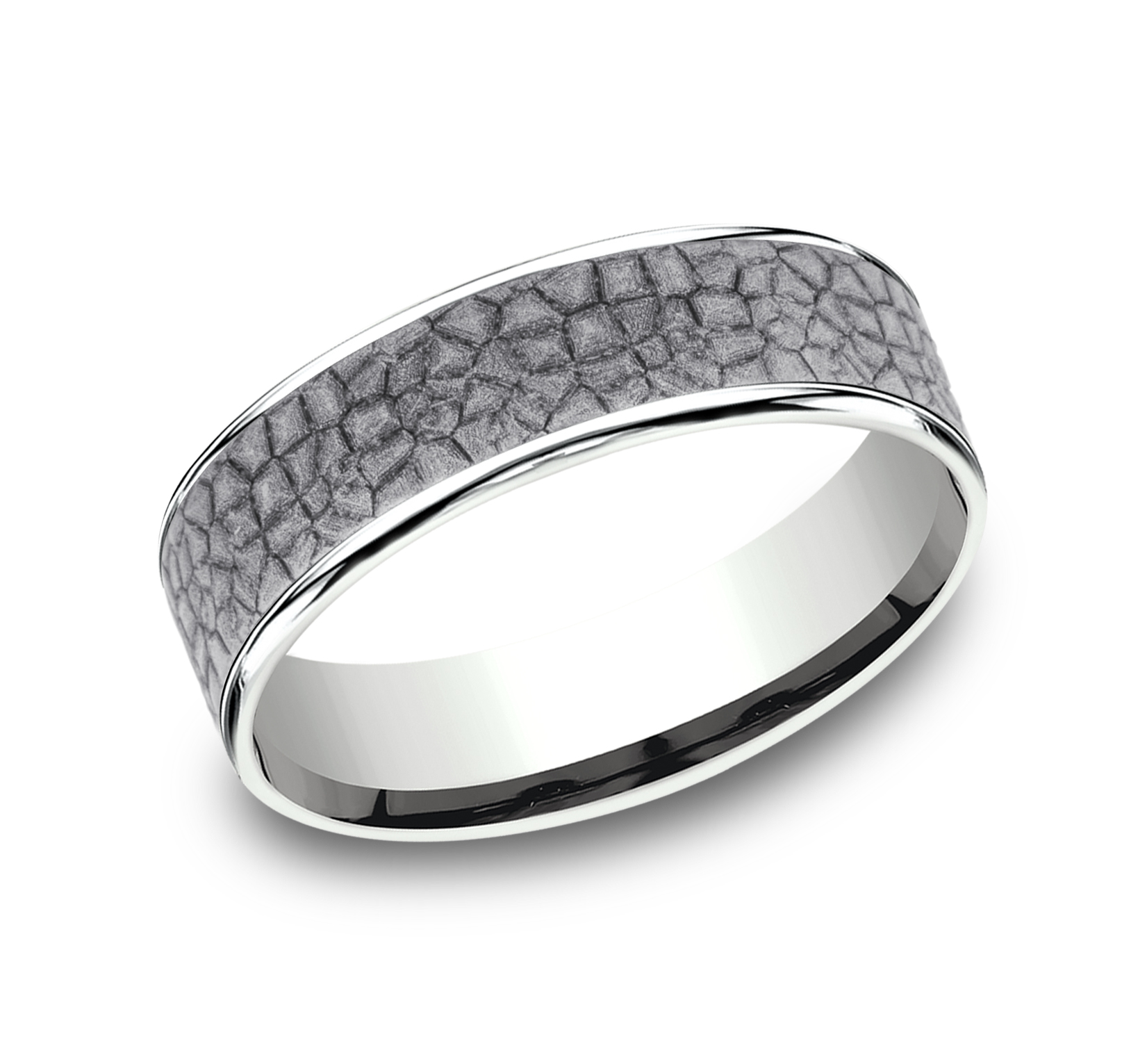 Cobblestone Patterned Tantalum Center 14k White Gold Men's Band, 6.5mm