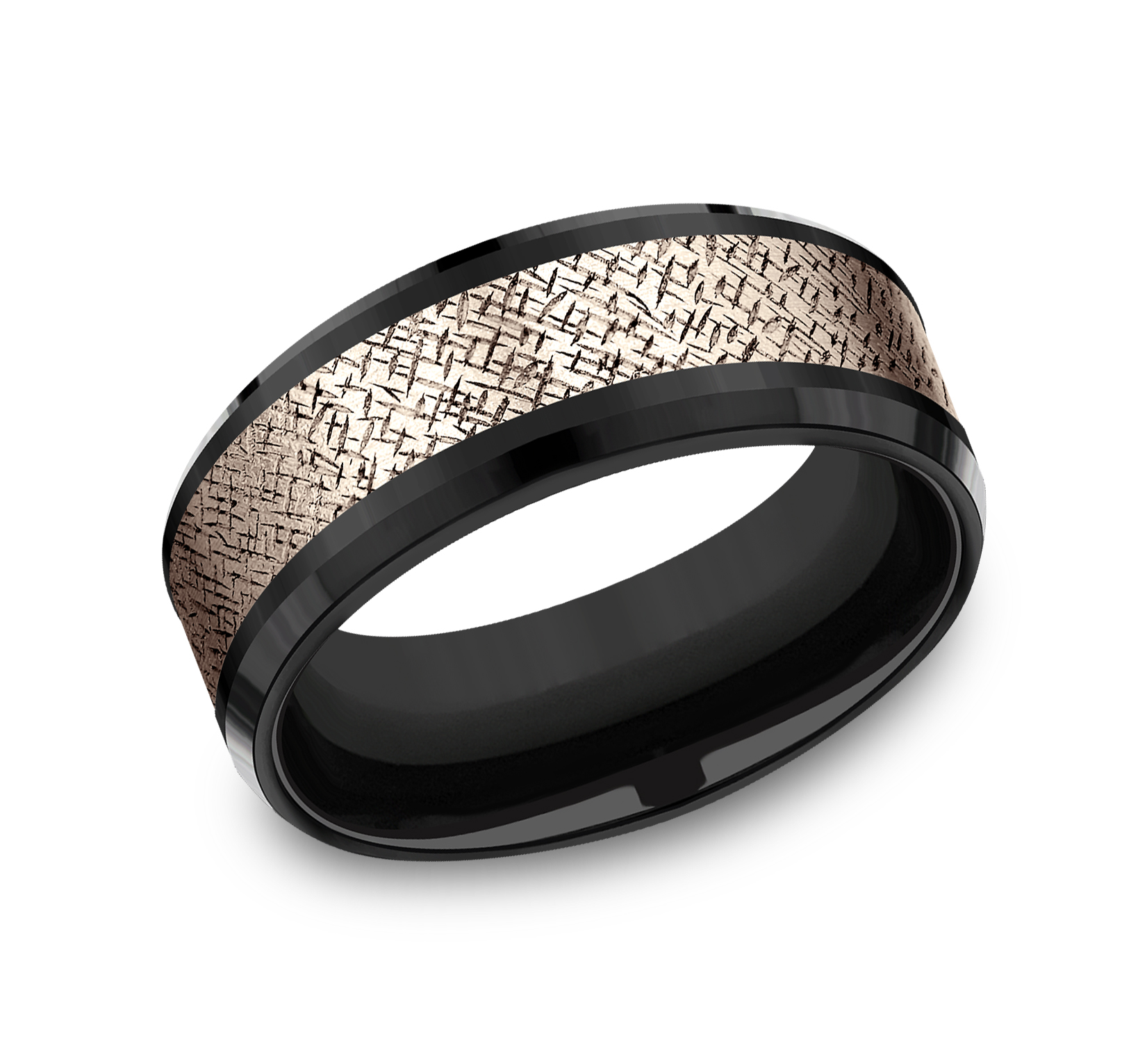 Crosshatch Patterned 14k Rose Gold Center Titanium Man's Band, 8mm