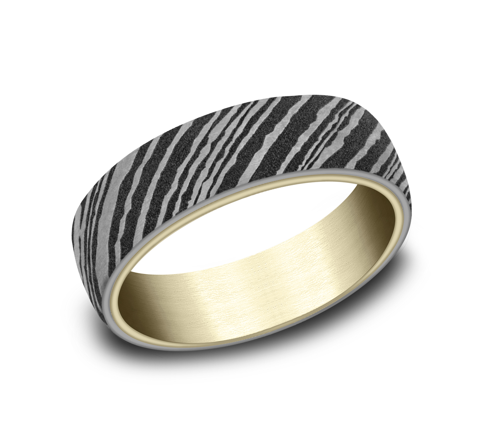 Damascus Streel Surface Design 14k Yellow Gold Men's Band, 6.5mm