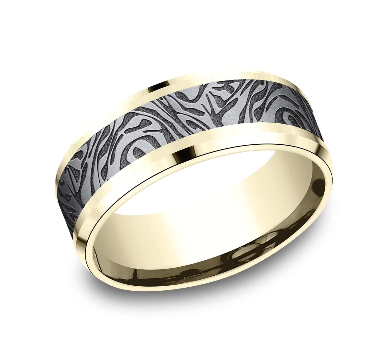 Faux Mokume Pattern Tantalum Center 14k Yellow Gold Men's Band, 8mm