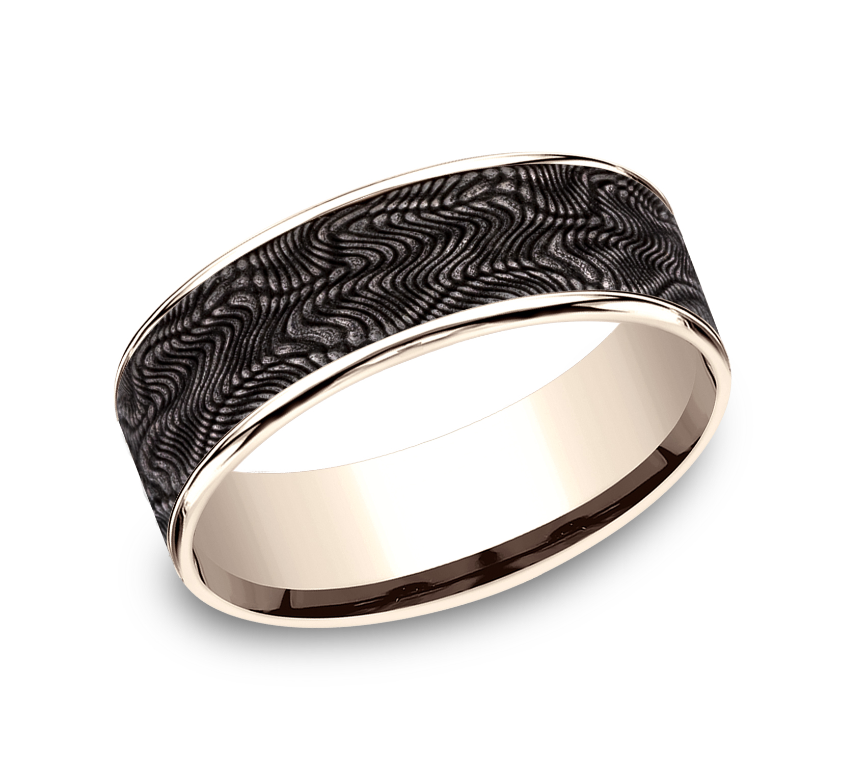 Grey Tantalum Snakeskin Pattern Center & 14k Rose Gold Men's Ring, 7.5mm