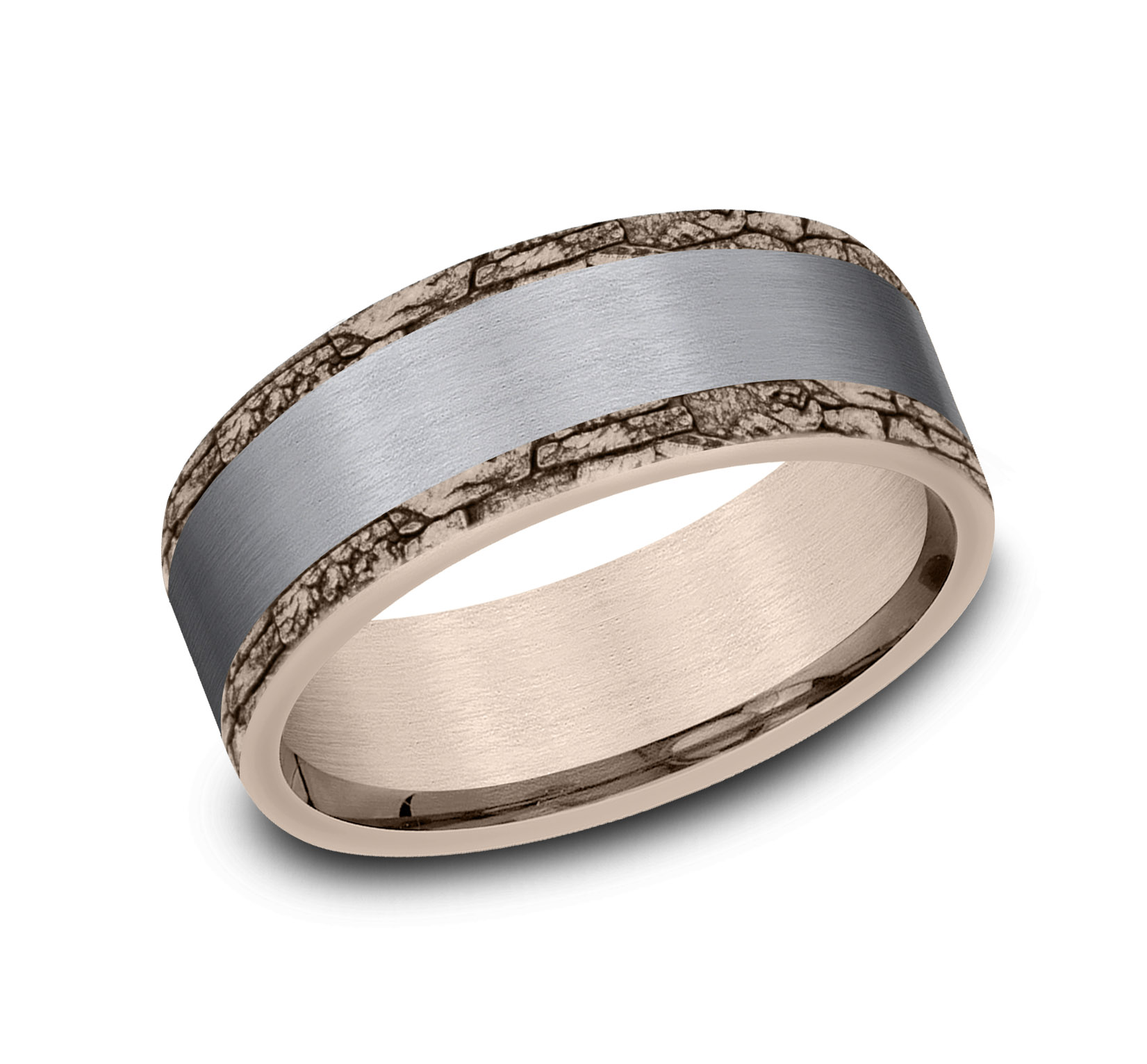 Satin Finished Tantalum Center, 14k Rose Gold Men's Band, 8mm