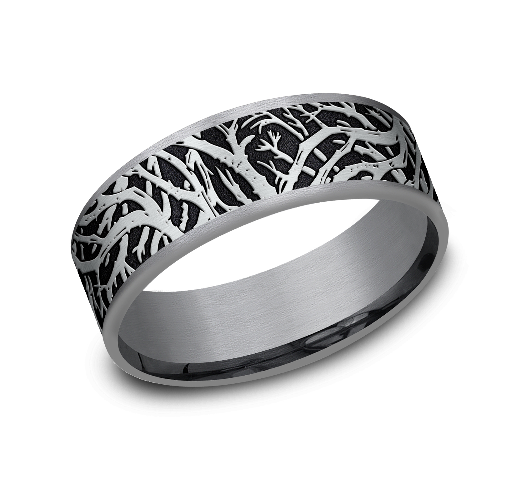 Tantalum Men's Band with 14k White Gold Enchanted Forest Motif, 7.5mm