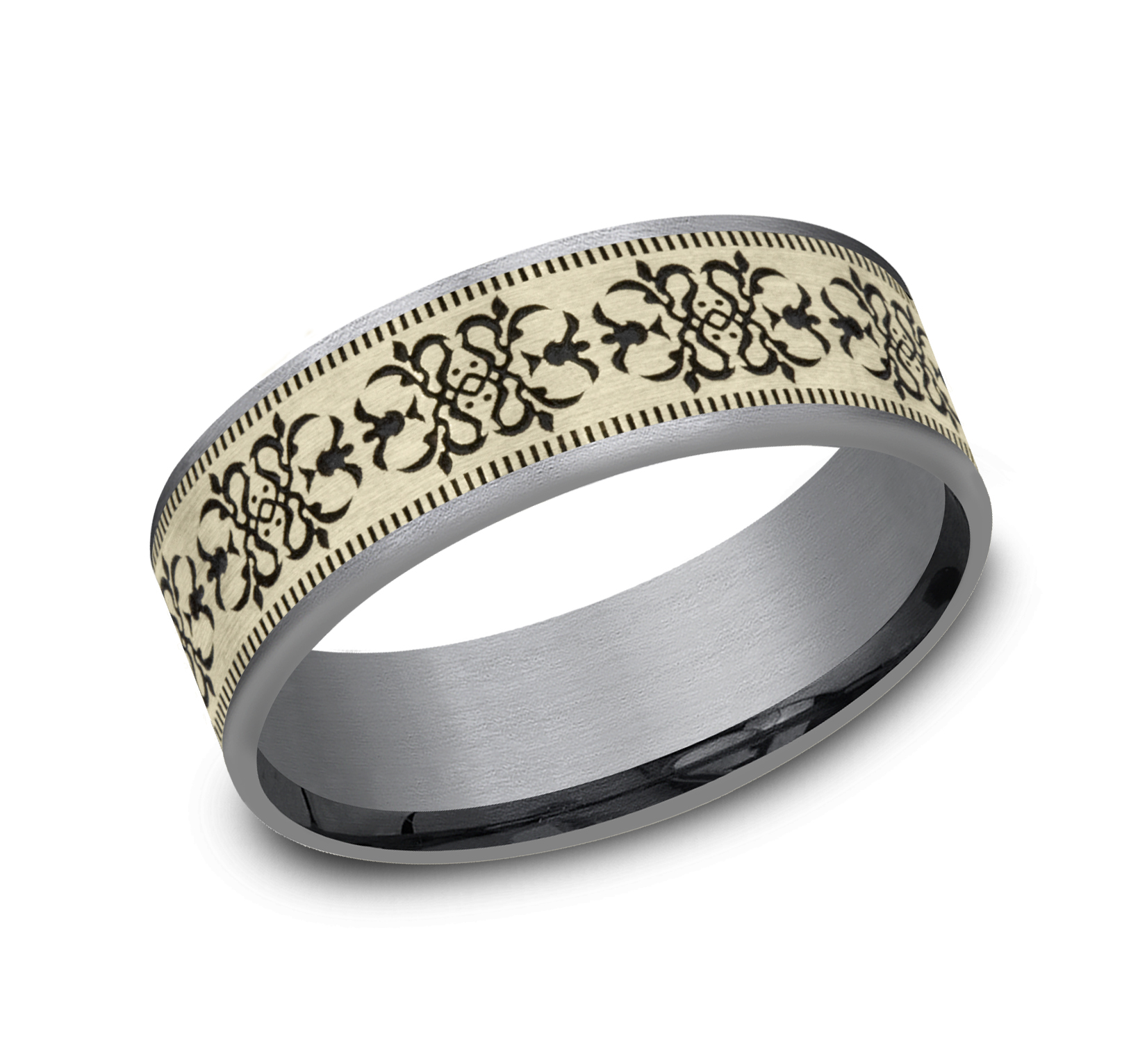 Tantalum Men's Band with Baroque Patterned 14k Yellow Gold Center, 7.5mm