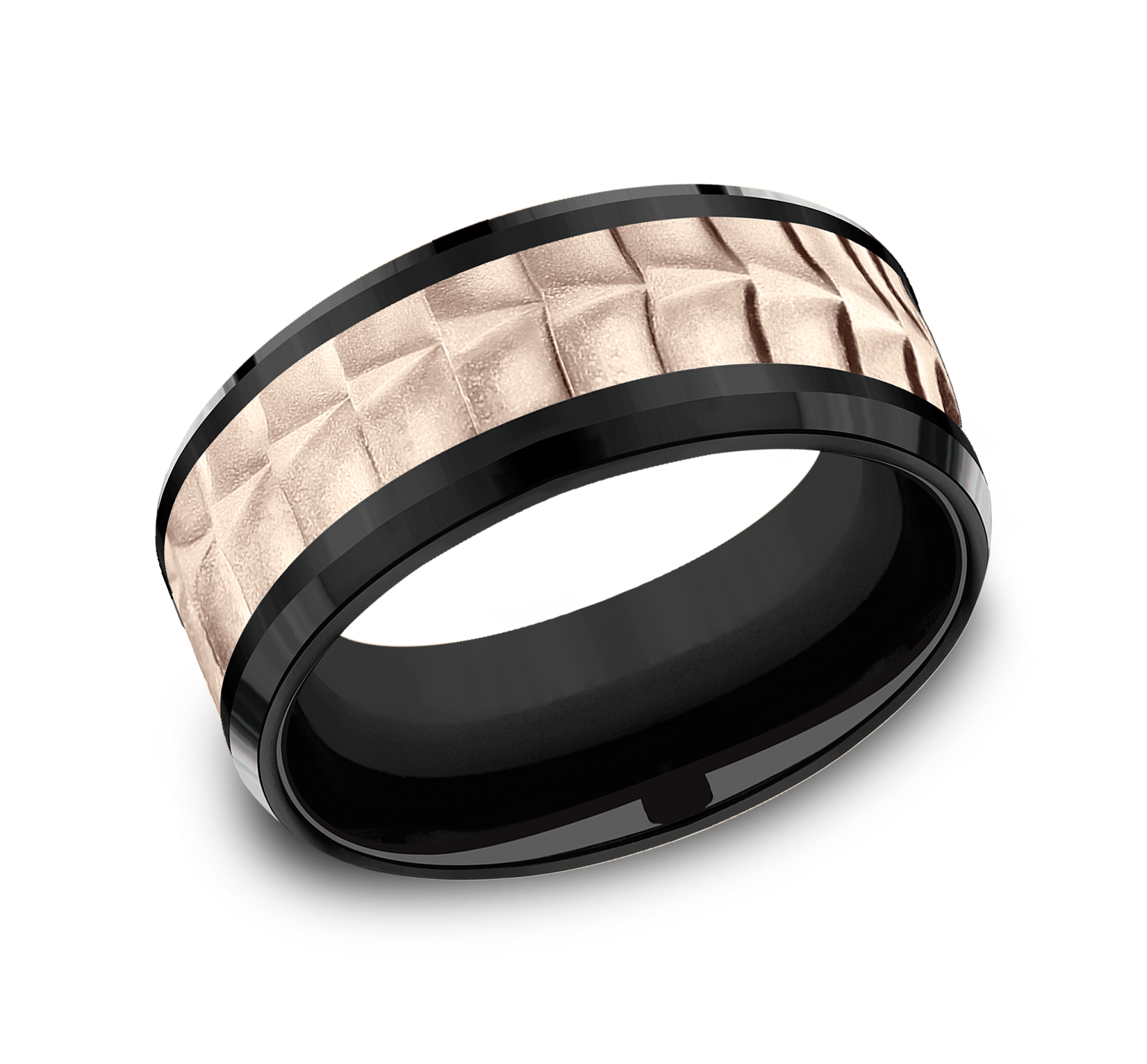 Titanium Men's Band with Crocodile Skin Patterned 14k Rose Gold Center, 9mm