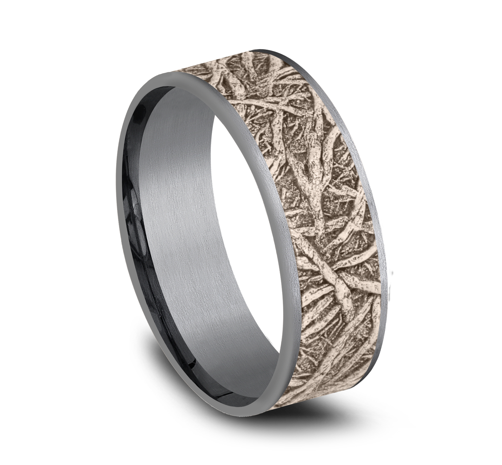 14k Rose Gold Center & Tantalum Tree Root Pattern Men's Band, 7.5 mm