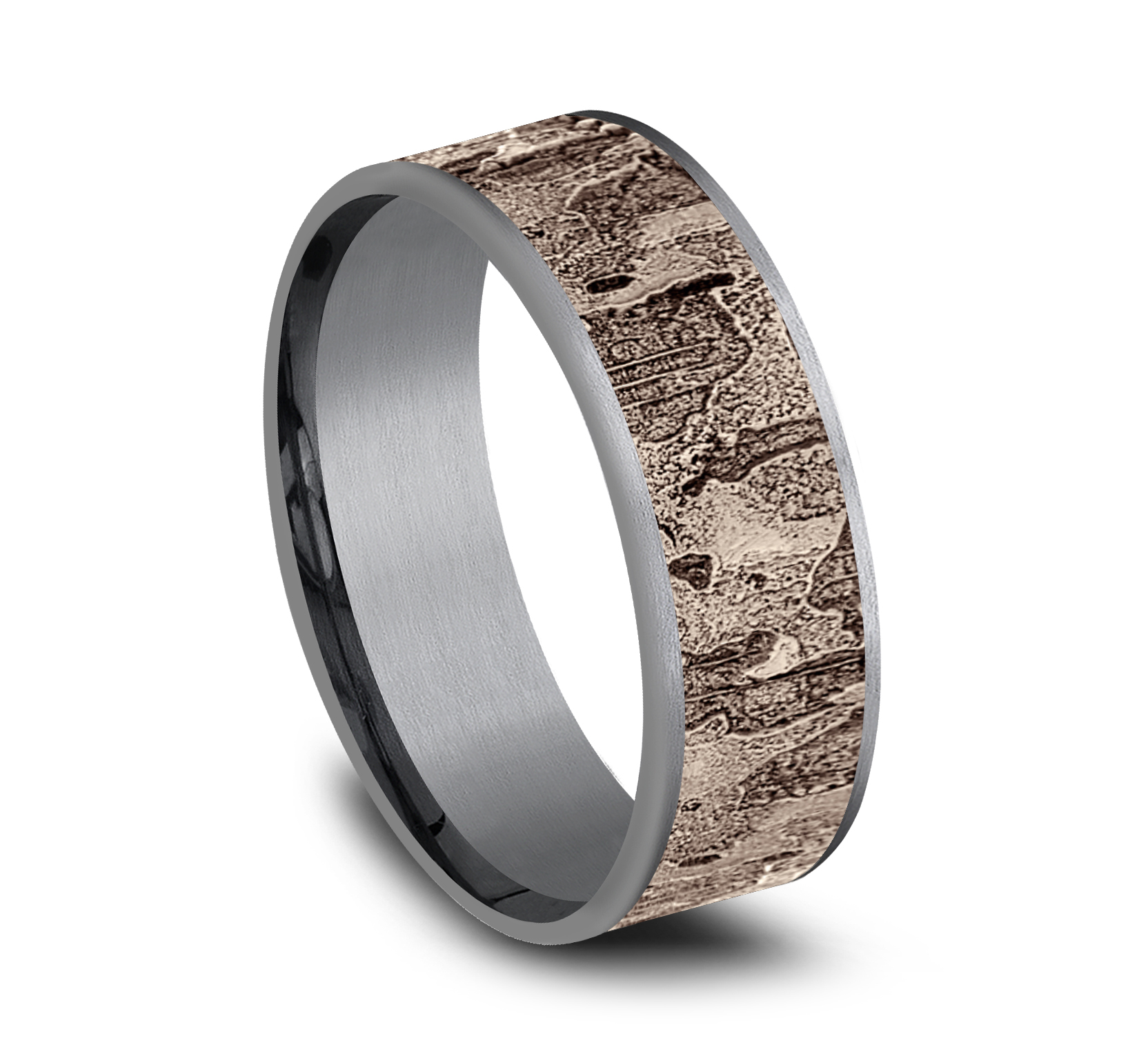 14k Rose Gold Fractured Wall Pattern Center Grey Tantalum Ring, 7.5mm