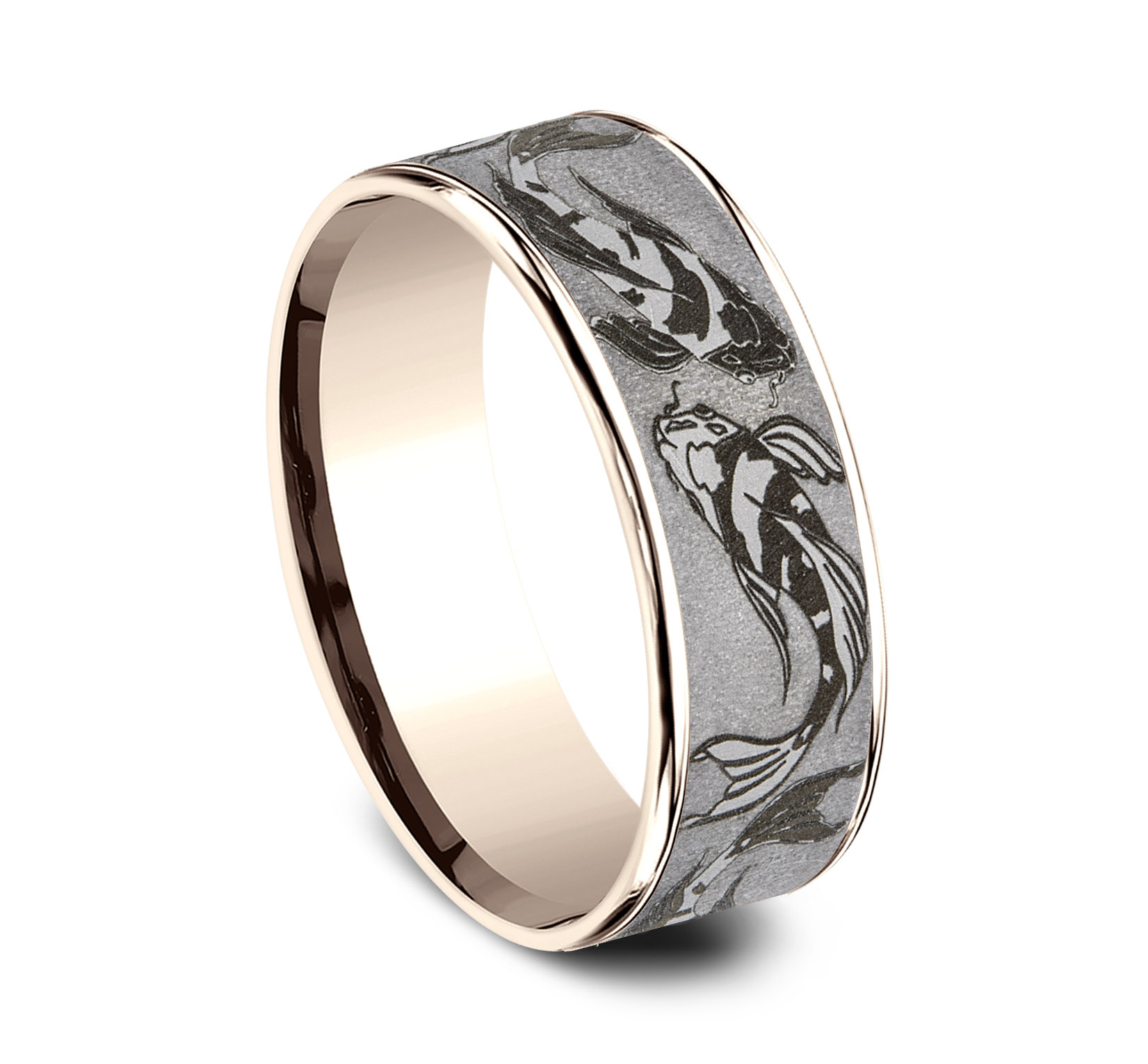 14k Rose Gold Men's Band with Koi Fish Design Tantalum Center, 7.5mm