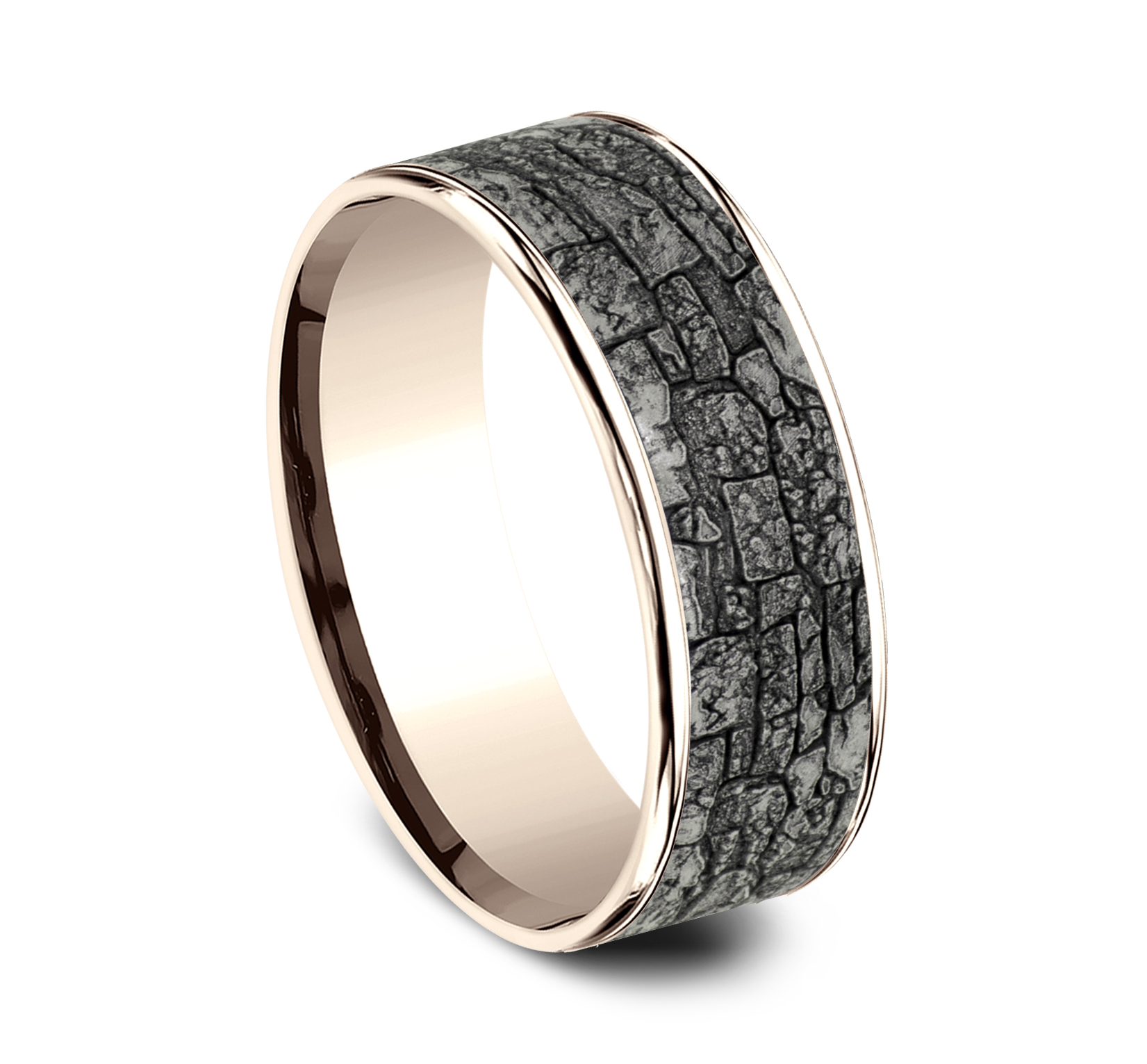 14k Rose Gold Men's Band with Stonewall Patterned Tantalum Center, 7.5mm