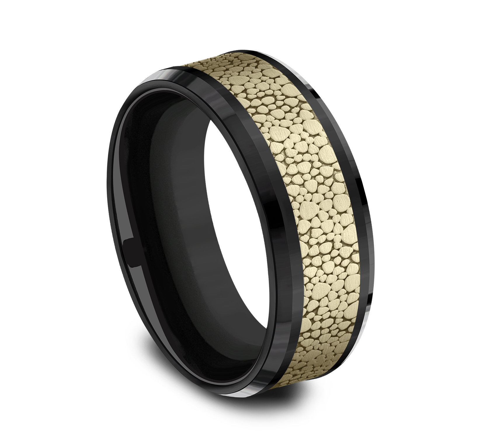 14k Yellow Gold Center & Titanium Pebble  Pattern Men's Band, 7.5 mm