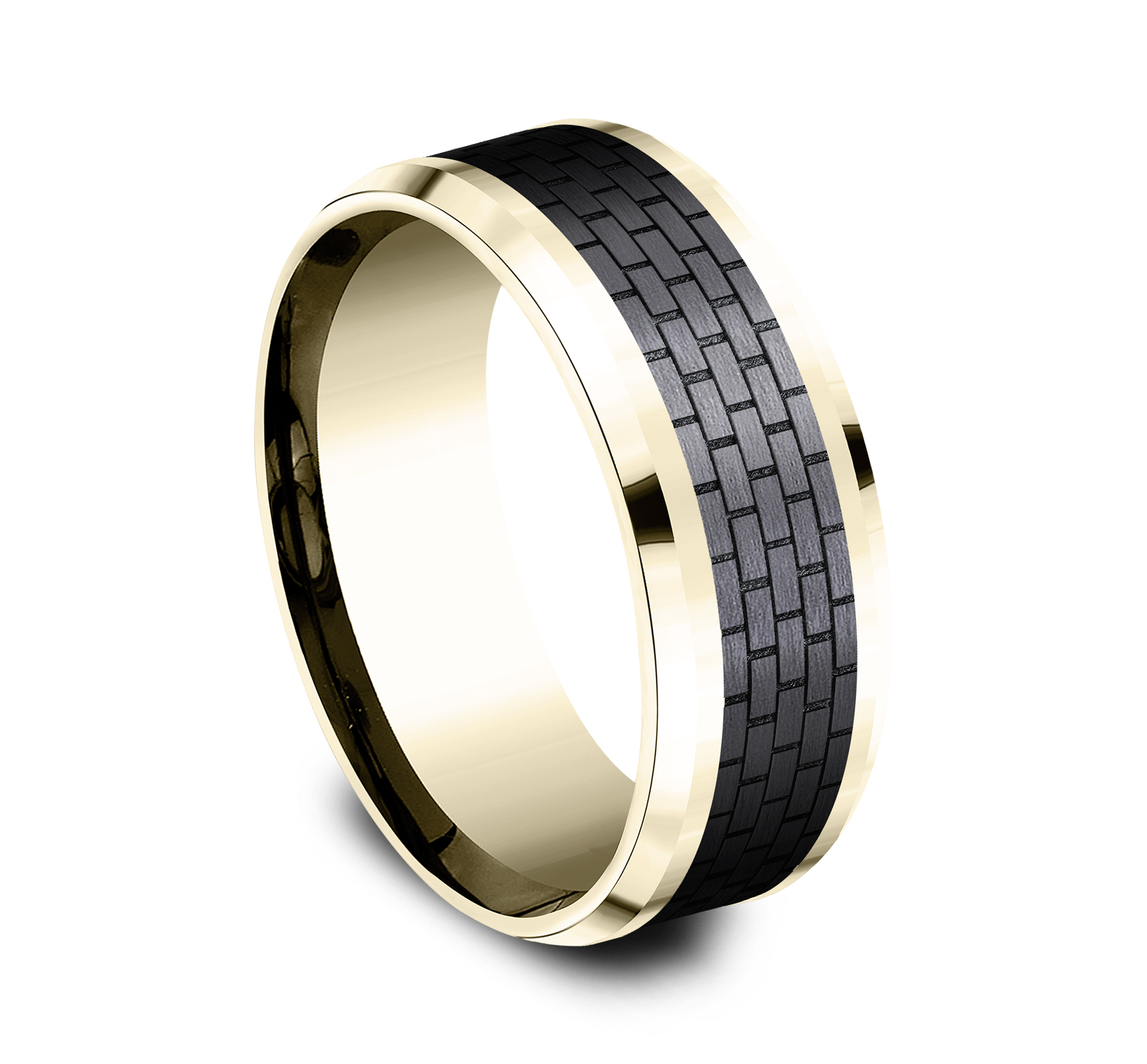 14k Yellow Gold Men's Band with Brick Wall Patterned Black Titanium Center, 8mm