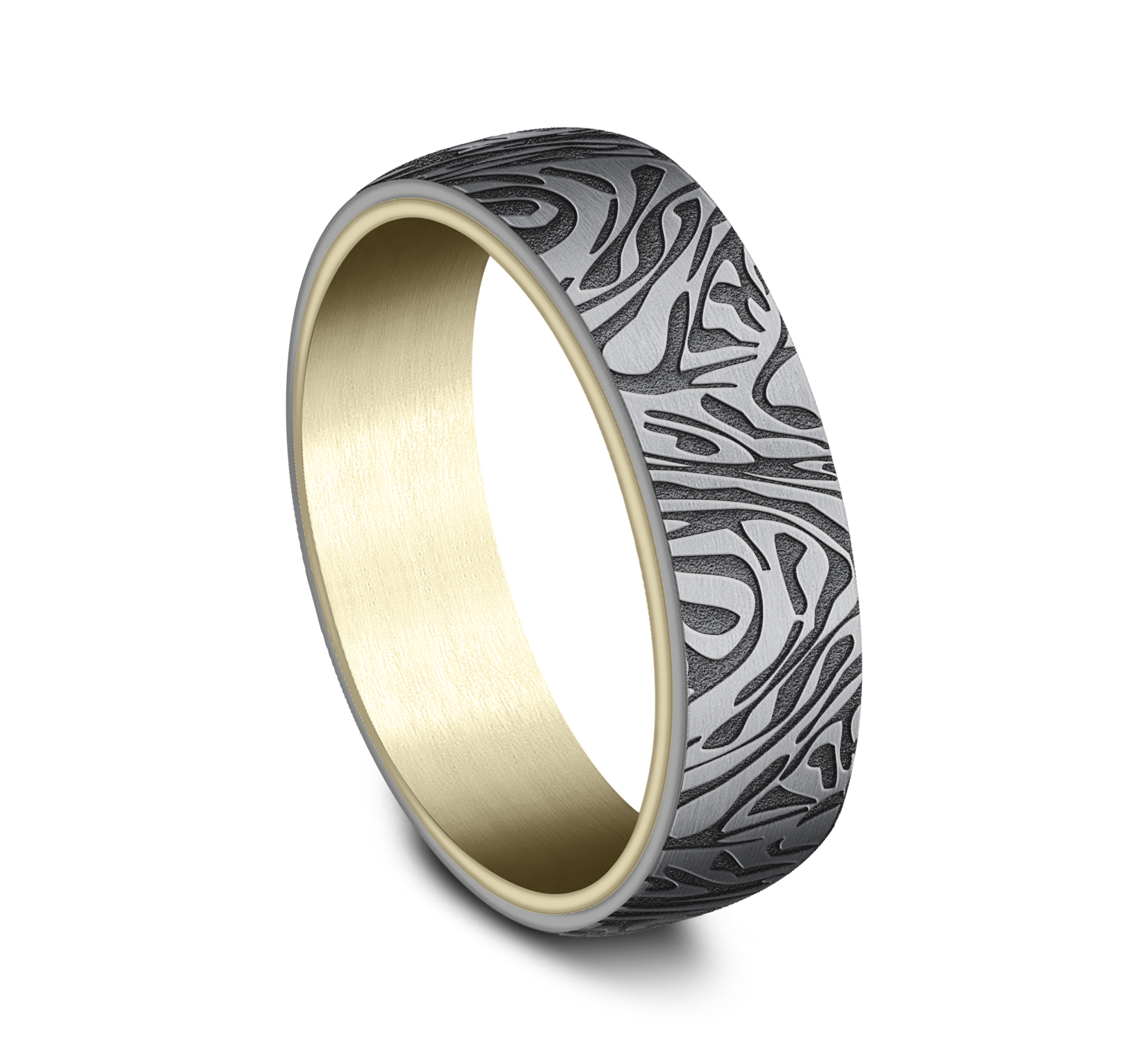 14k Yellow Gold Men's Band with Mokume Patterned Tantalum Center, 6.5mm