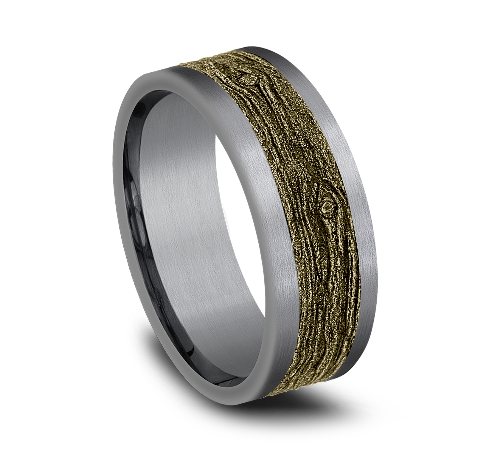 14k Yellow Gold Wood Pattern Center & Grey Tantalum Men's Ring, 8mm