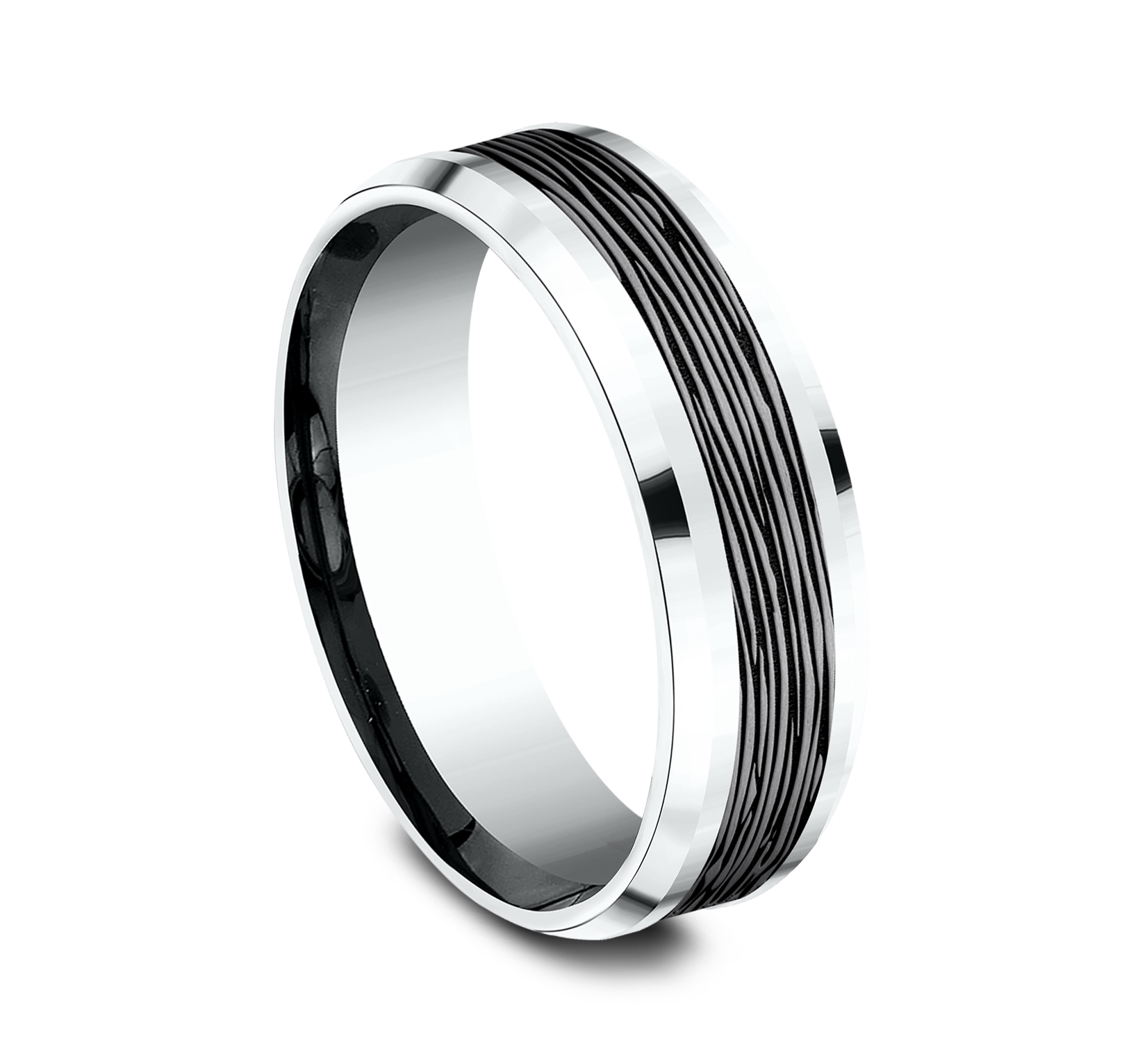 Bark Patterned Tantalum Center 14k White Gold Men's Band, 7mm