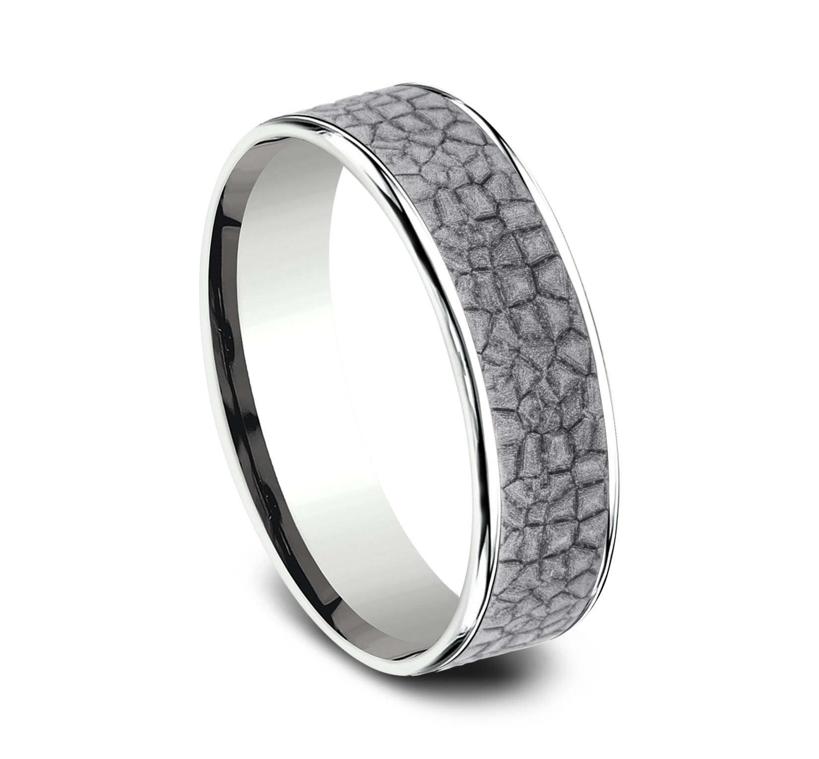 Cobblestone Patterned Tantalum Center 14k White Gold Men's Band, 6.5mm