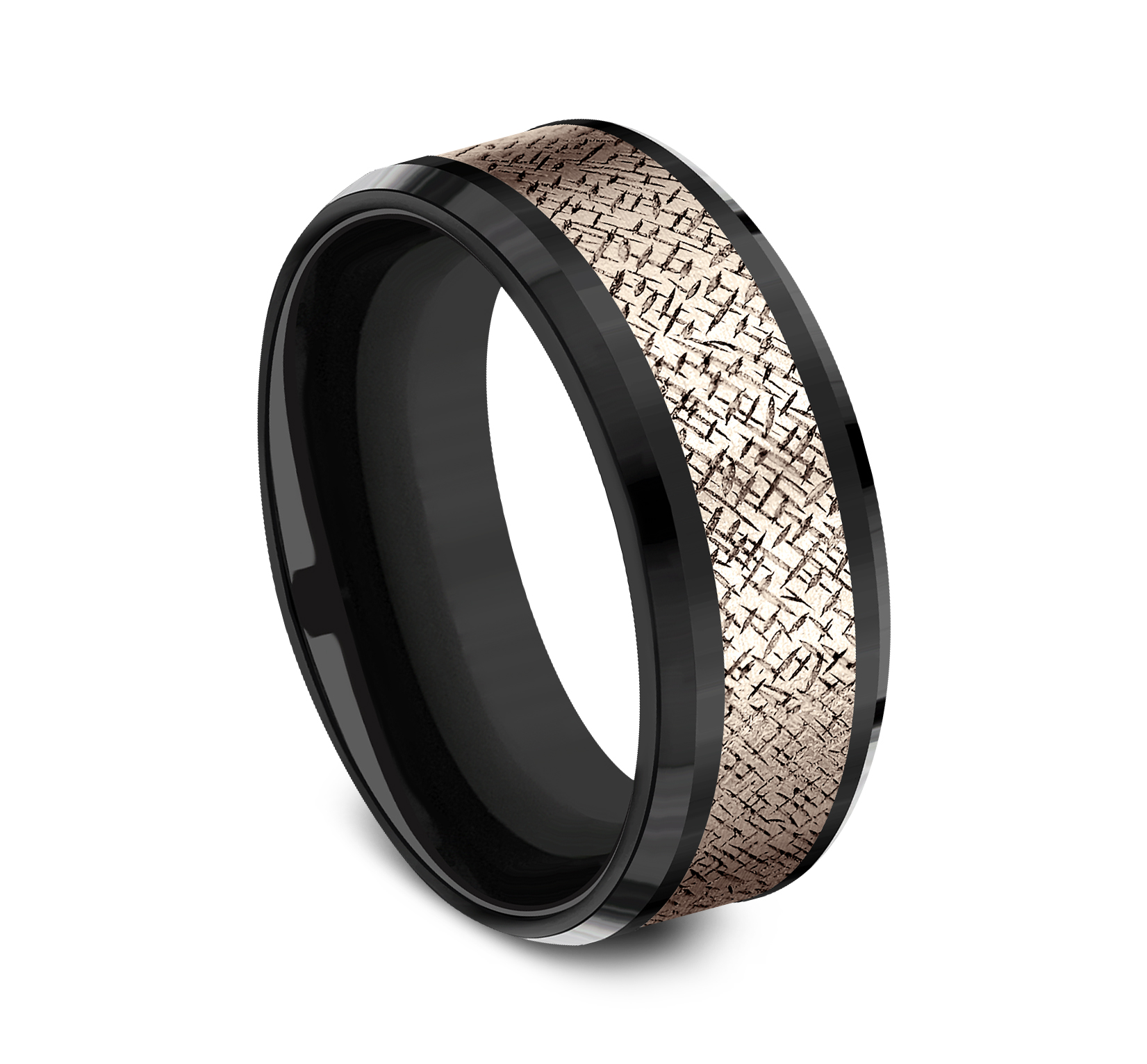 Crosshatch Patterned 14k Rose Gold Center Titanium Man's Band, 8mm