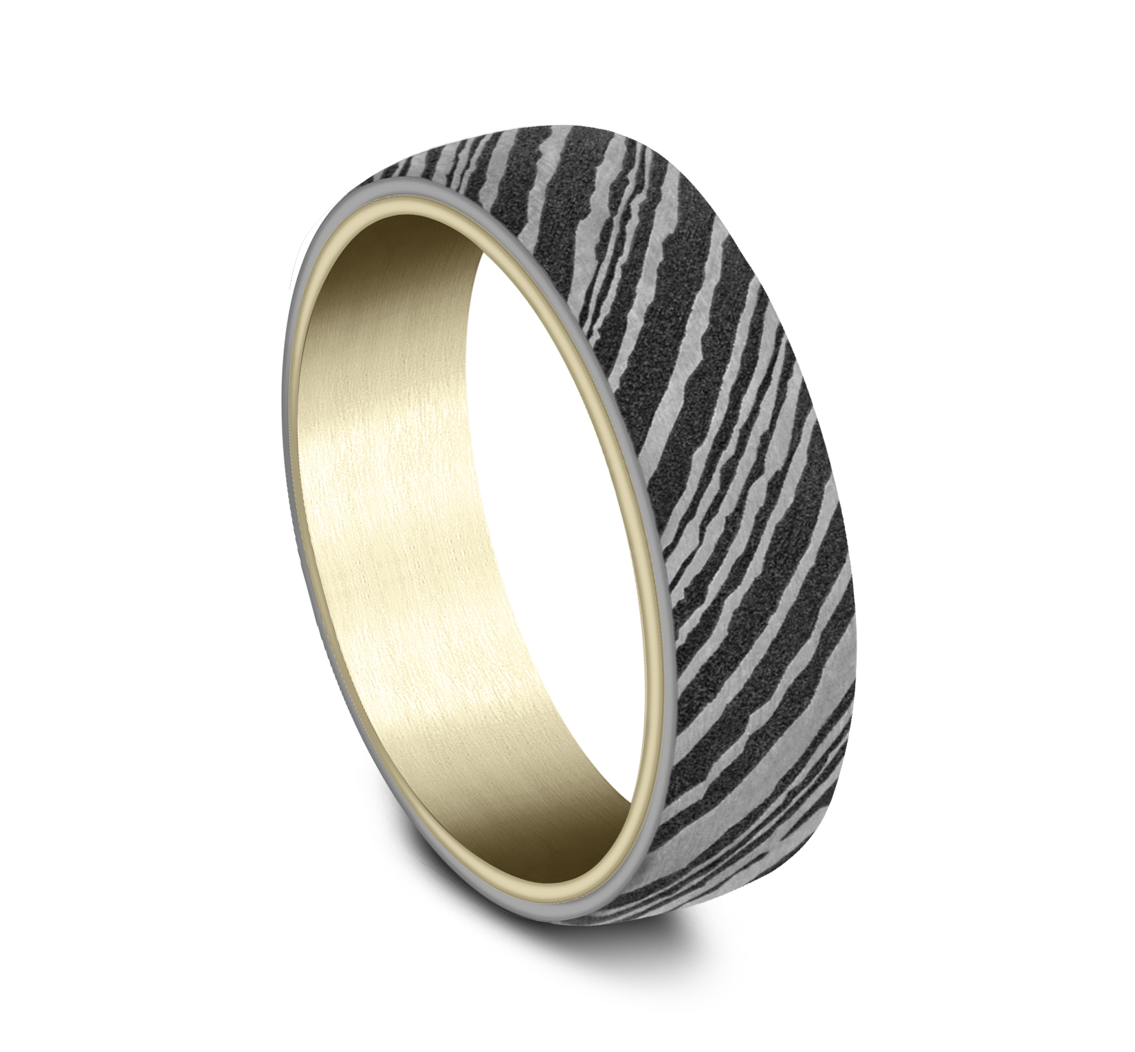 Damascus Streel Surface Design 14k Yellow Gold Men's Band, 6.5mm