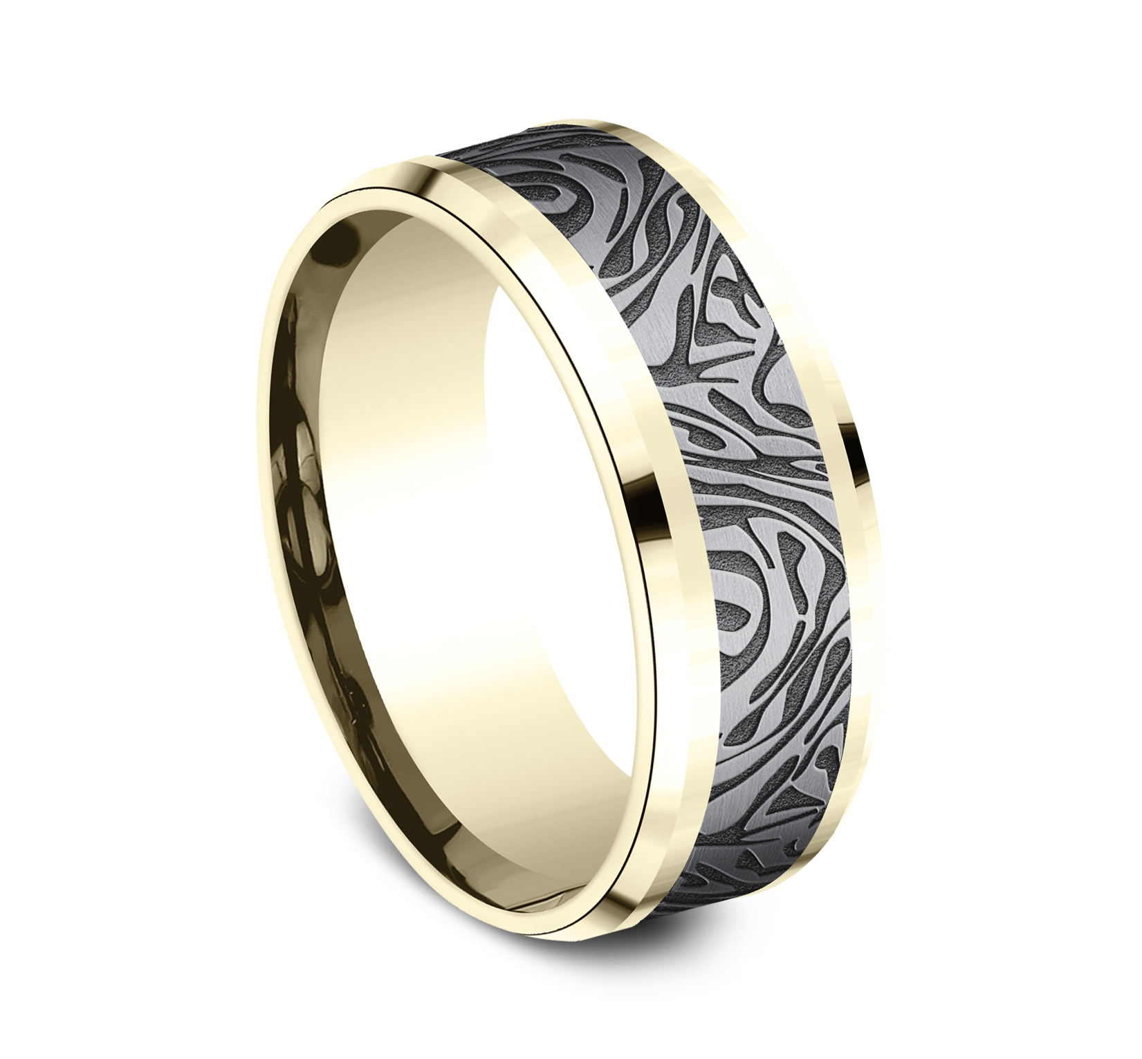 Faux Mokume Pattern Tantalum Center 14k Yellow Gold Men's Band, 8mm