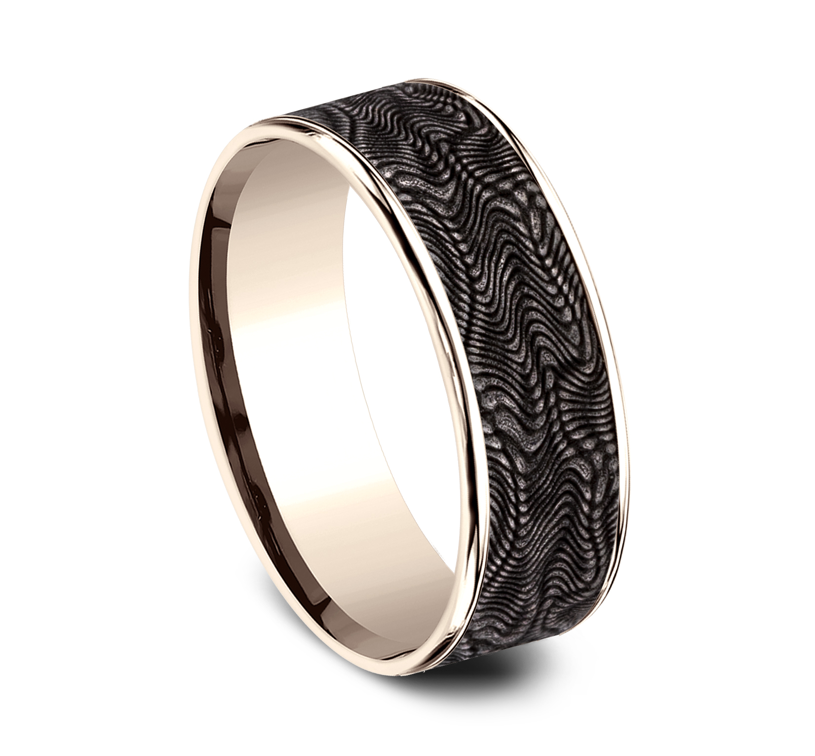 Grey Tantalum Snakeskin Pattern Center & 14k Rose Gold Men's Ring, 7.5mm